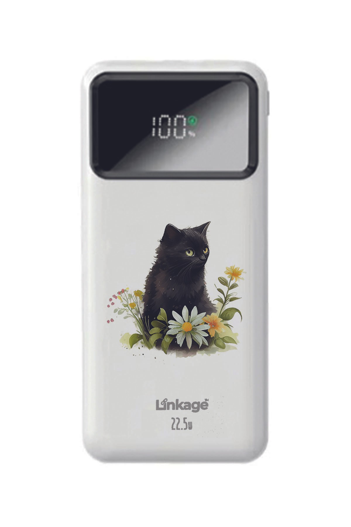 Sevimli Yavru Kedi Baskılı Beyaz 22,5 W Hızlı Şarj Özellikli LCD Ekranlı 10000 Mah Powerbank
