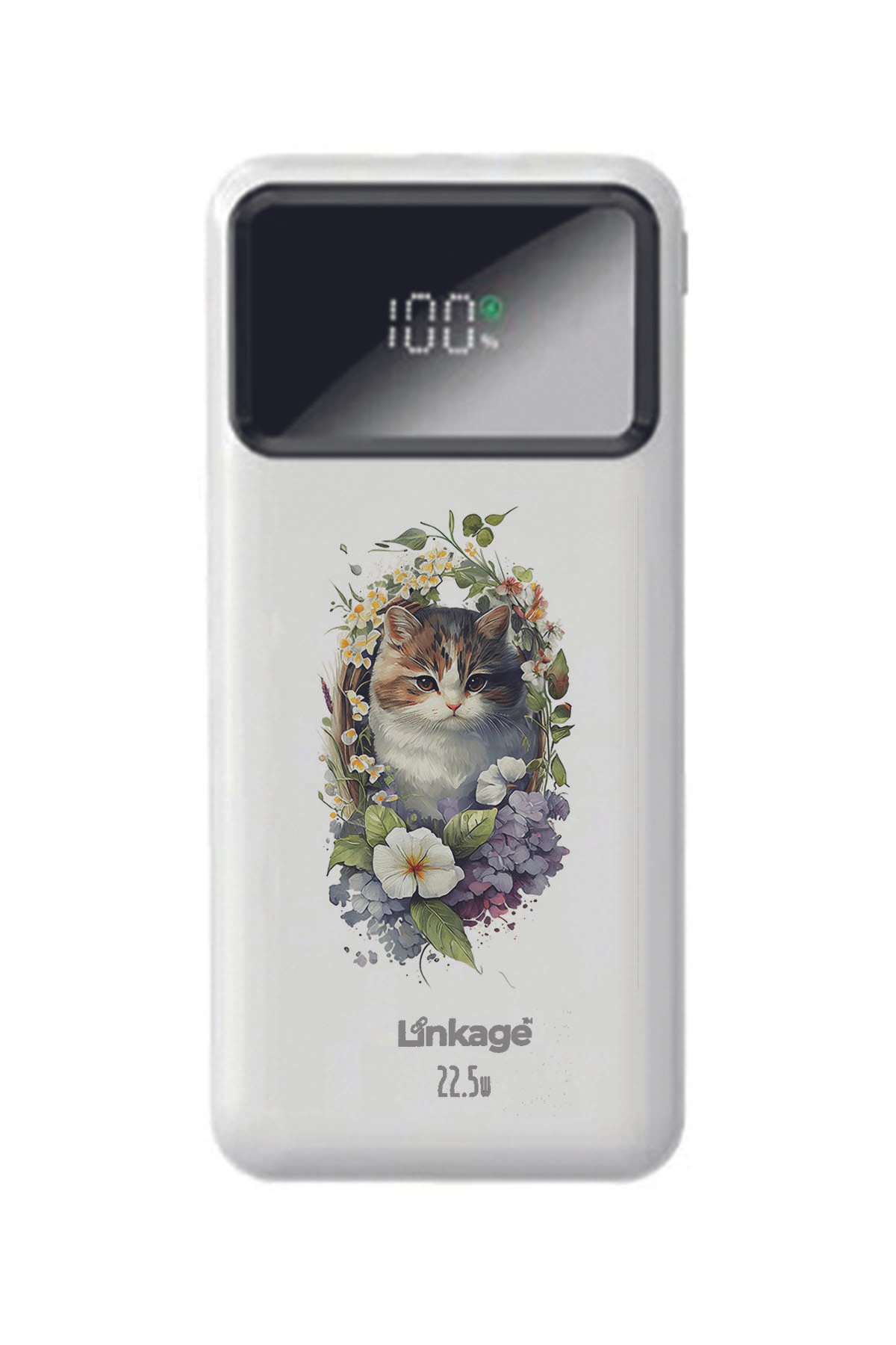 Sevimli Yavru Kedi Baskılı Beyaz 22,5 W Hızlı Şarj Özellikli LCD Ekranlı 10000 Mah Powerbank