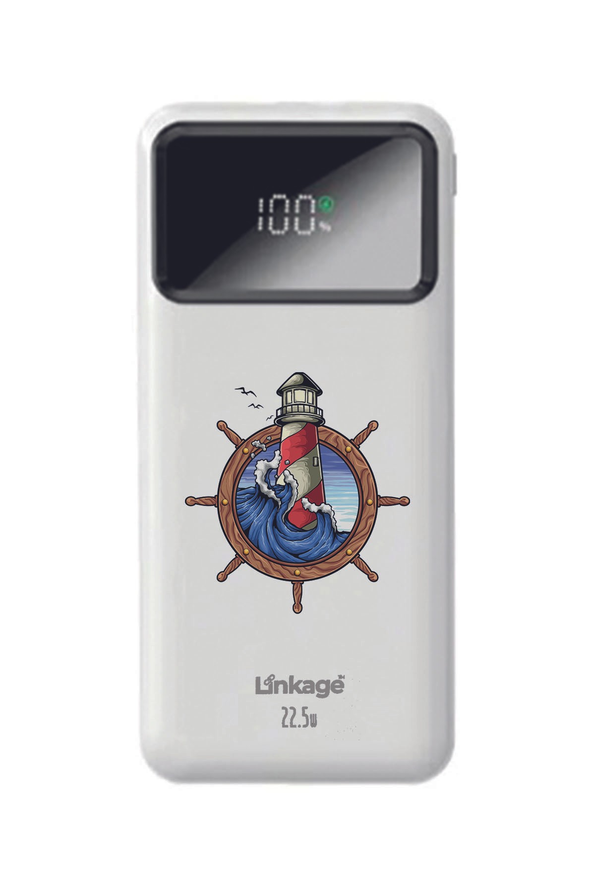 Özel Deniz Feneri Baskılı Beyaz 22,5 W Hızlı Şarj Özellikli LCD Ekranlı 10000 Mah Powerbank