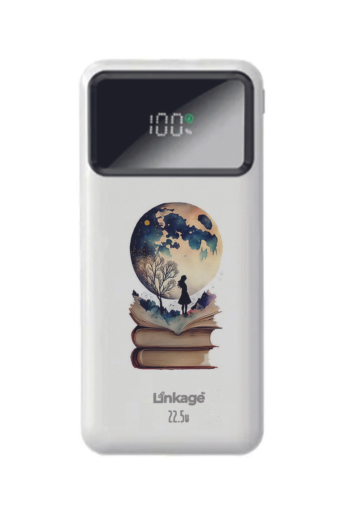Ay Kitap Ve Kız Baskılı Beyaz 22,5 W Hızlı Şarj Özellikli LCD Ekranlı 10000 Mah Powerbank