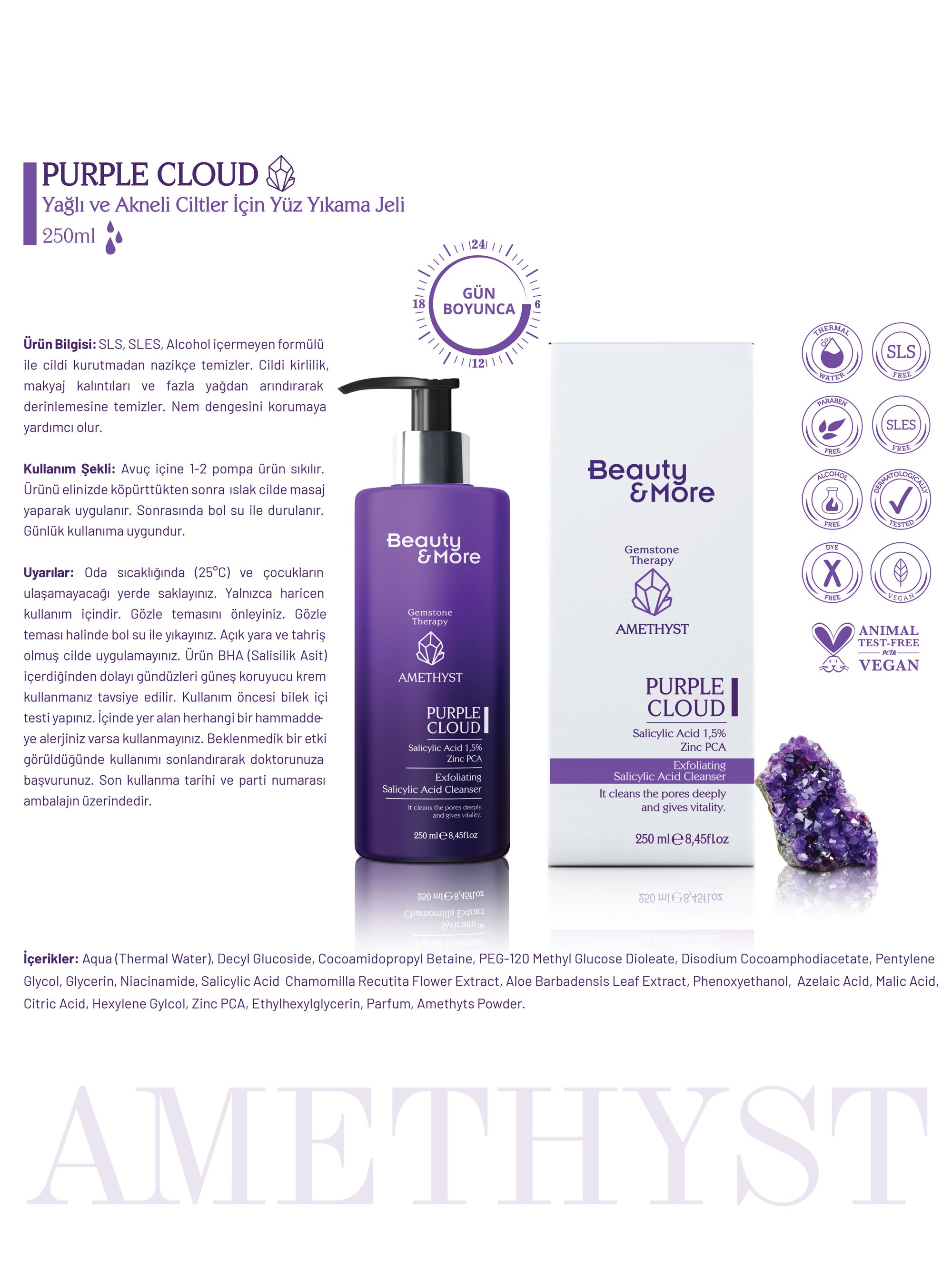 Beauty&More Ametist Purple Cloud Yağlı ve Akneli Ciltler İçin Yüz Yıkama Jeli 250 ml