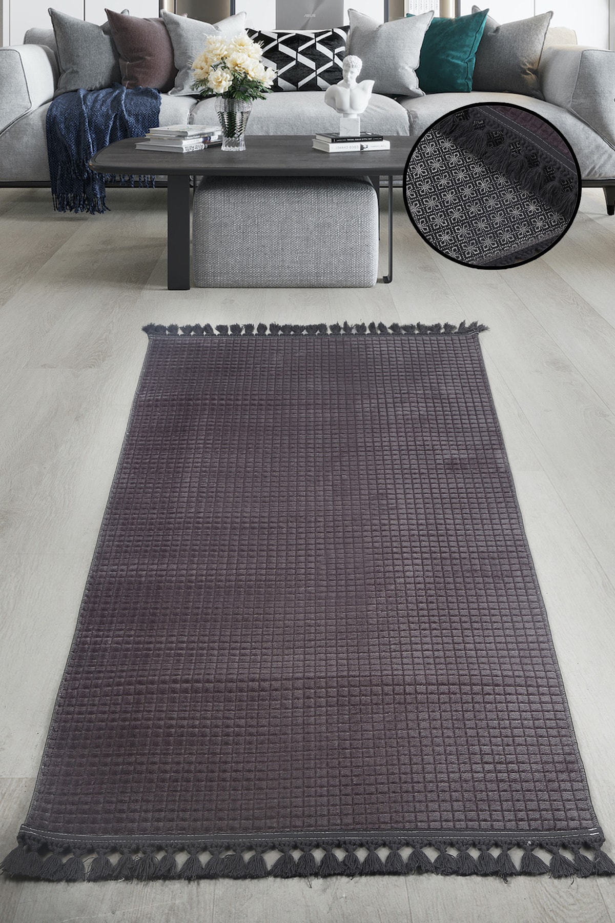 Kare Plus Ponpon Saçaklı Salon Oda Çocuk Mutfak Antre Koridor Halısı Kaymaz Tabanlı Yıkanabilir Kesme Peluş Halı Yolluk