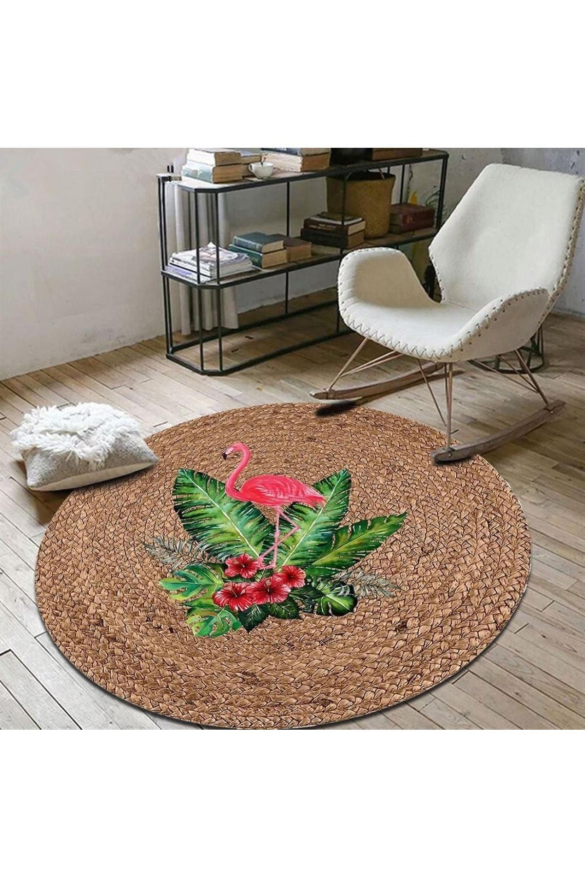 Flamingo Desen Yuvarlak Jüt Hasır Halı Salon Oda Çocuk Mutfak Antre Koridor Halısı Yolluk KS-1031