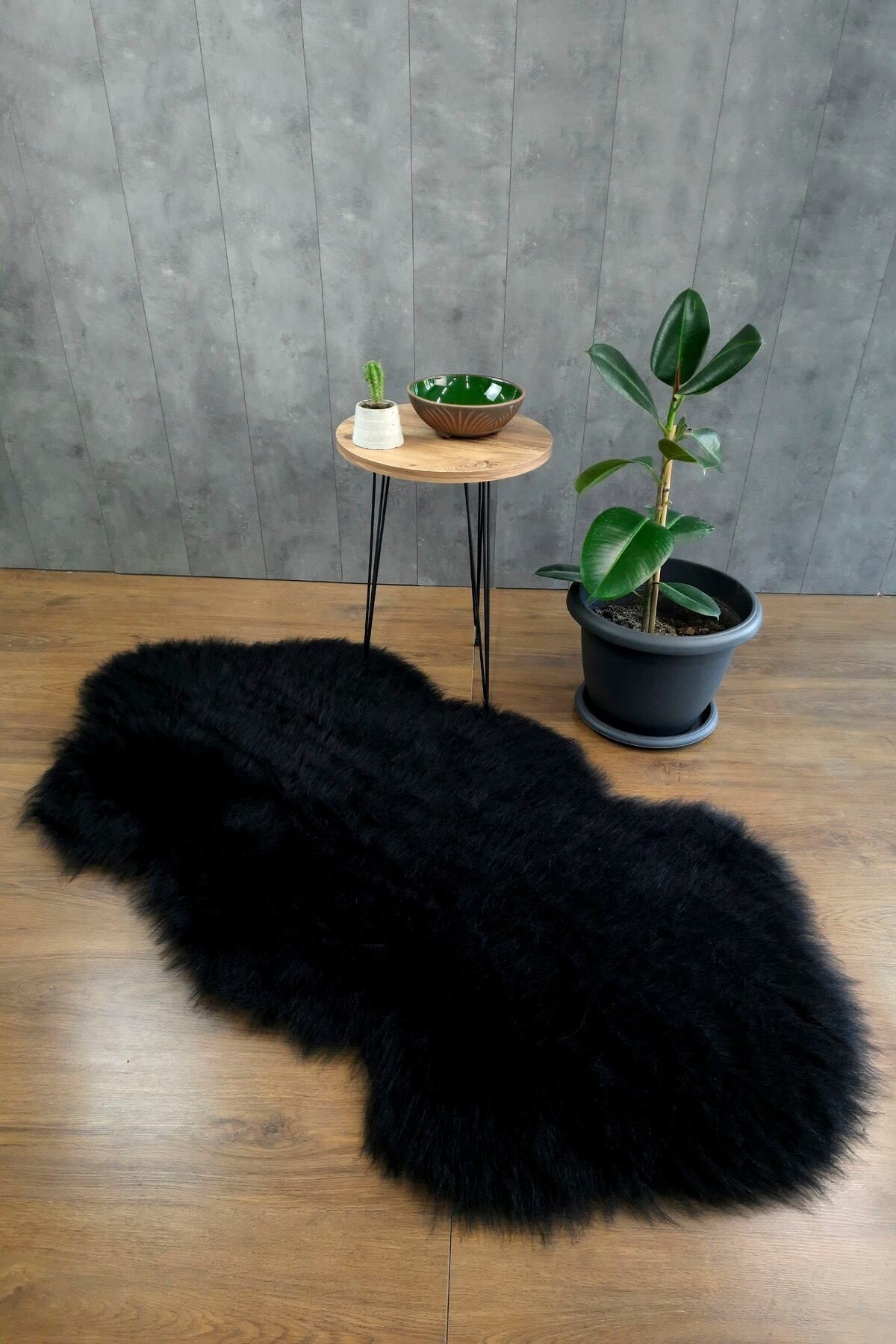 Kürk Halı Long Puf Peluş Post Tüylü Puffy Kaymaz Yumuşak Shaggy Dekoratif Salon Oda Mutfak Çocuk Yatak Odası Halısı Yolluk - Siyah