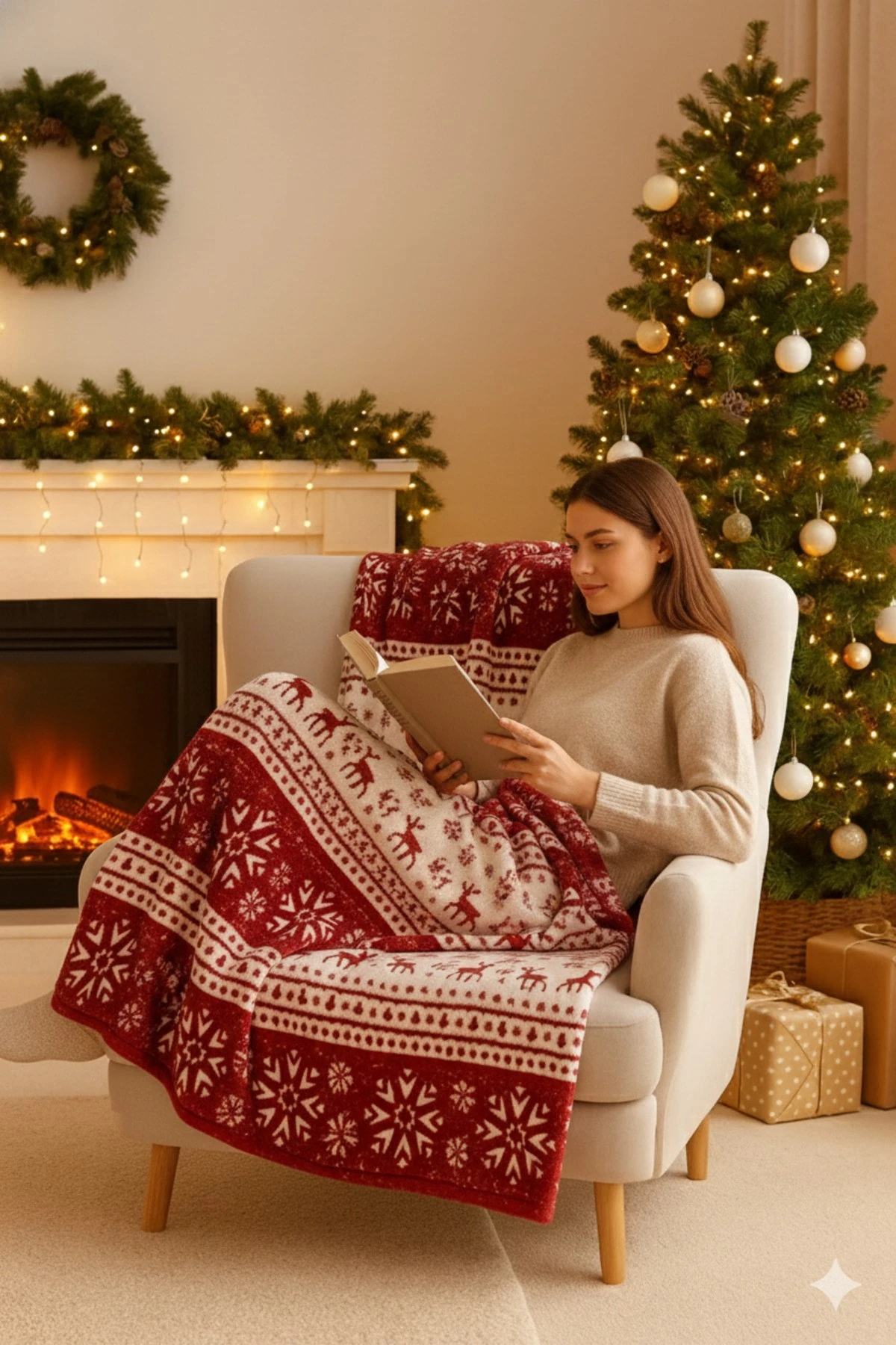 Berfu Kadife Bordo-Kırmızı Yılbaşı Desenli Tv Battaniyesi Tek Kişilik Polar Battaniye Koltuk Şalı