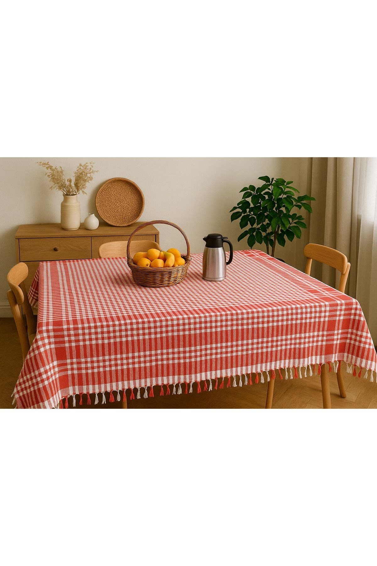 Saçaklı Piti Kareli Masa Örtüsü 150x150 cm – Sofra & Piknik İçin Çok Amaçlı Örtü