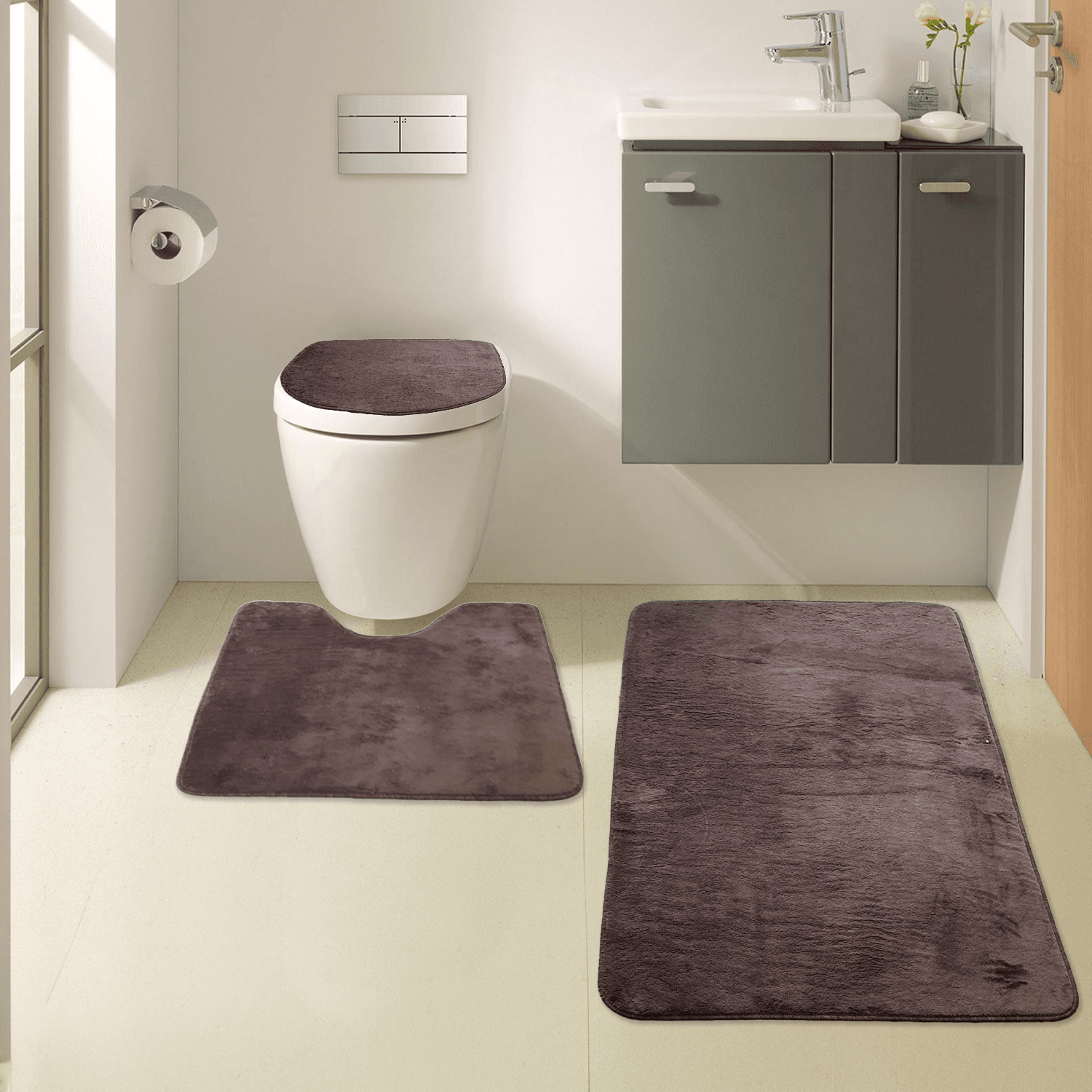Bonny Home Unicolor Düz 3lü Banyo Paspası Halısı Seti Kaymaz Klozet Takımı - Kahve