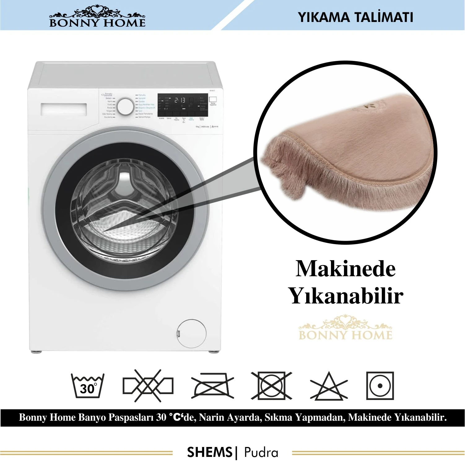 Bonny Home Shems 3lü Dantelli ve Saçaklı Klozet Takımı Banyo Halısı Paspası Seti - Pudra