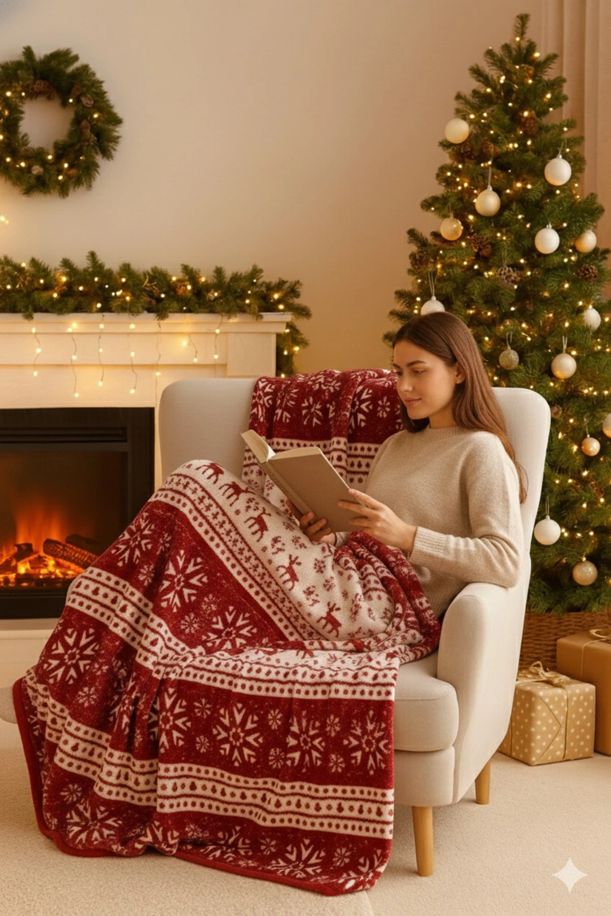Berfu Kadife Bordo-Kırmızı Yılbaşı Desenli Tv Battaniyesi Çift Kişilik Polar Battaniye Koltuk Şalı