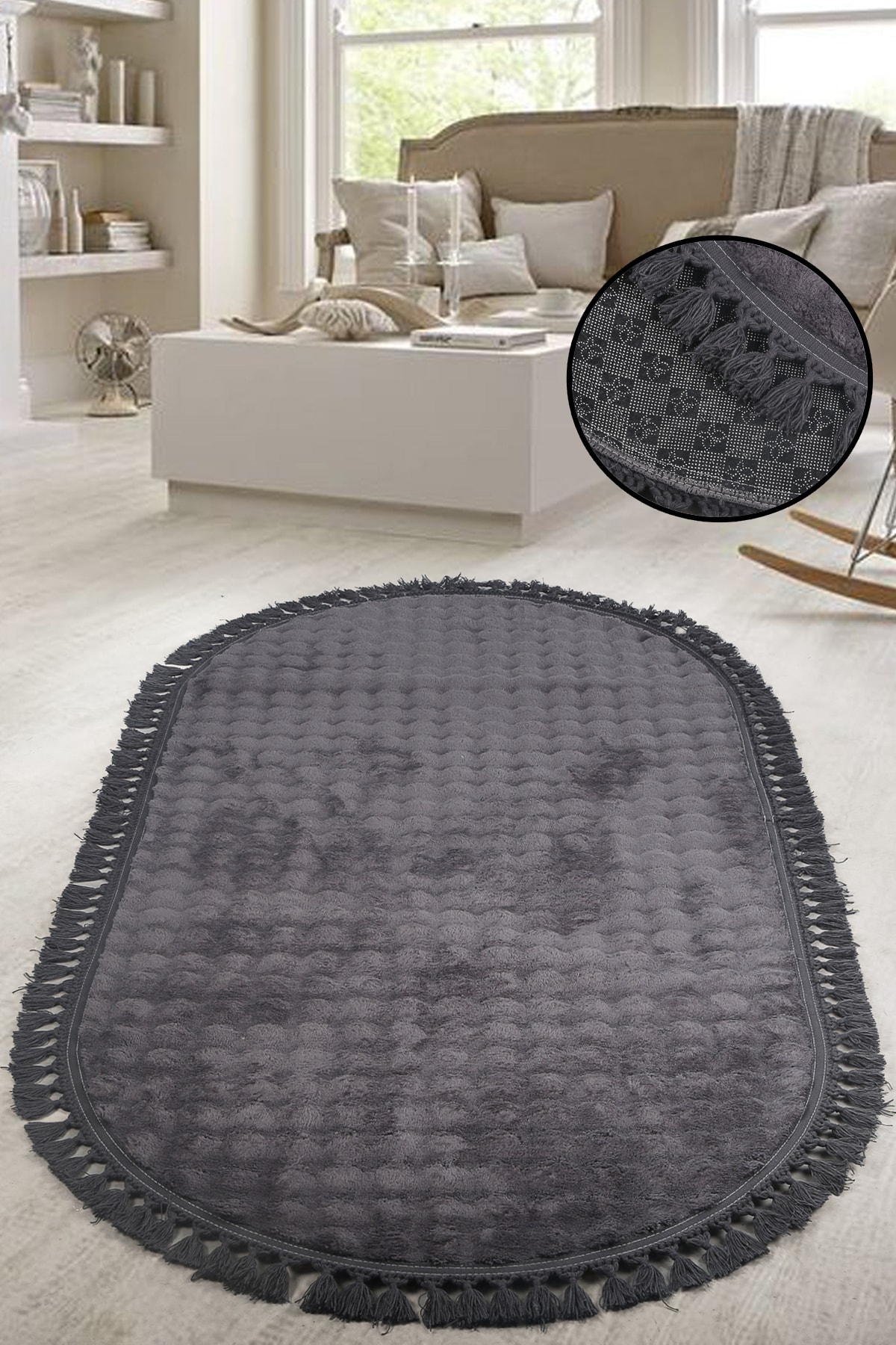 Bubble Oval Ponpon Saçaklı Püsküllü Salon Oda Çocuk Mutfak Koridor Antre Halısı Yıkanabilir Kaymaz Tabanlı Peluş Halı Yolluk