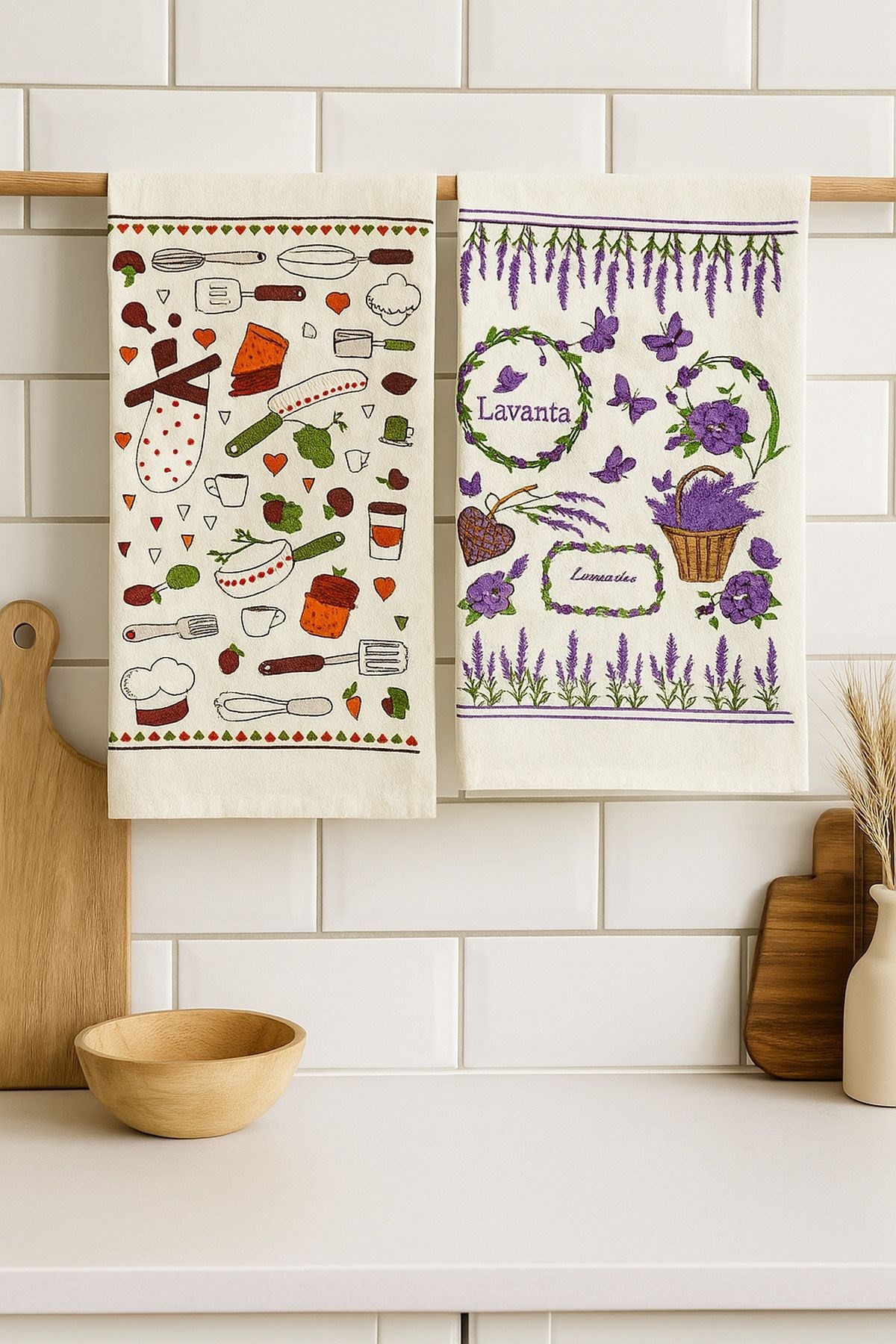 Krem Renkli 6’lı Mutfak Havlusu – 30x50 cm | Meyve & Kahve Temalı Desenli Kurulama Bezleri