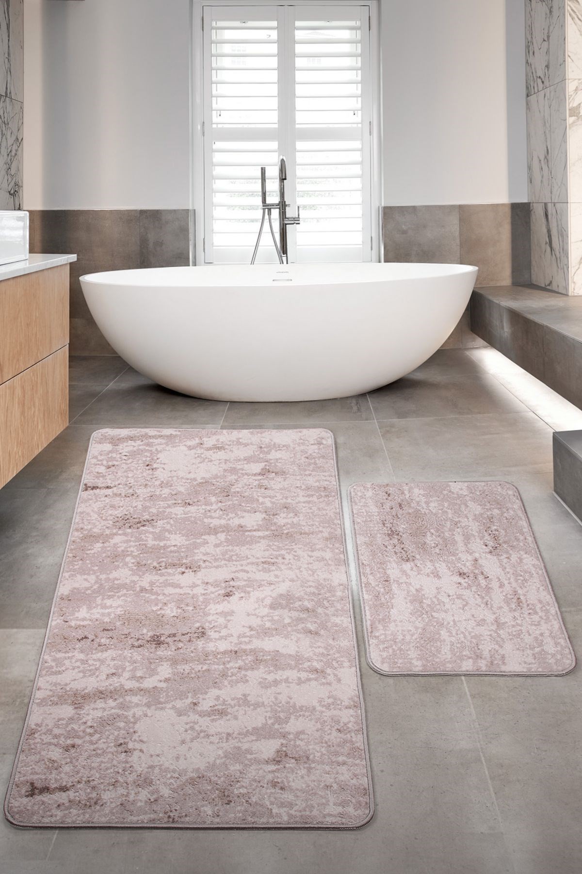 Nova (80x150 + 50x80 cm) Büyük Ebat 2'li Banyo Halısı Paspas Seti Kaymaz Taban Klozet Takımı - Vizon