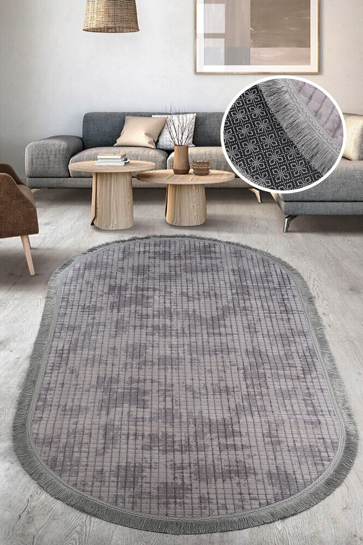 Kare Plus Oval Spor Saçaklı Salon Oda Çocuk Mutfak Antre Koridor Halısı Kaymaz Yıkanabilir Peluş Kesme Halı Yolluk - Gri