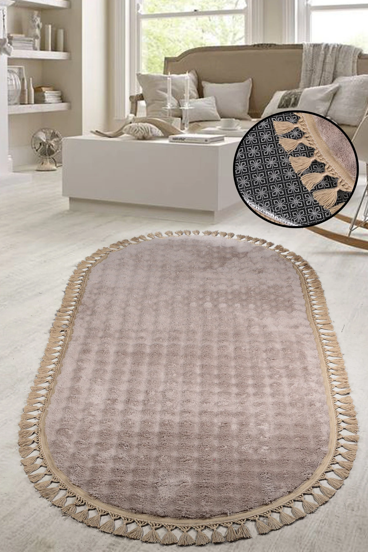 Bubble Oval Ponpon Saçaklı Püsküllü Salon Oda Çocuk Mutfak Koridor Antre Halısı Yıkanabilir Kaymaz Tabanlı Peluş Halı Yolluk - Kahve