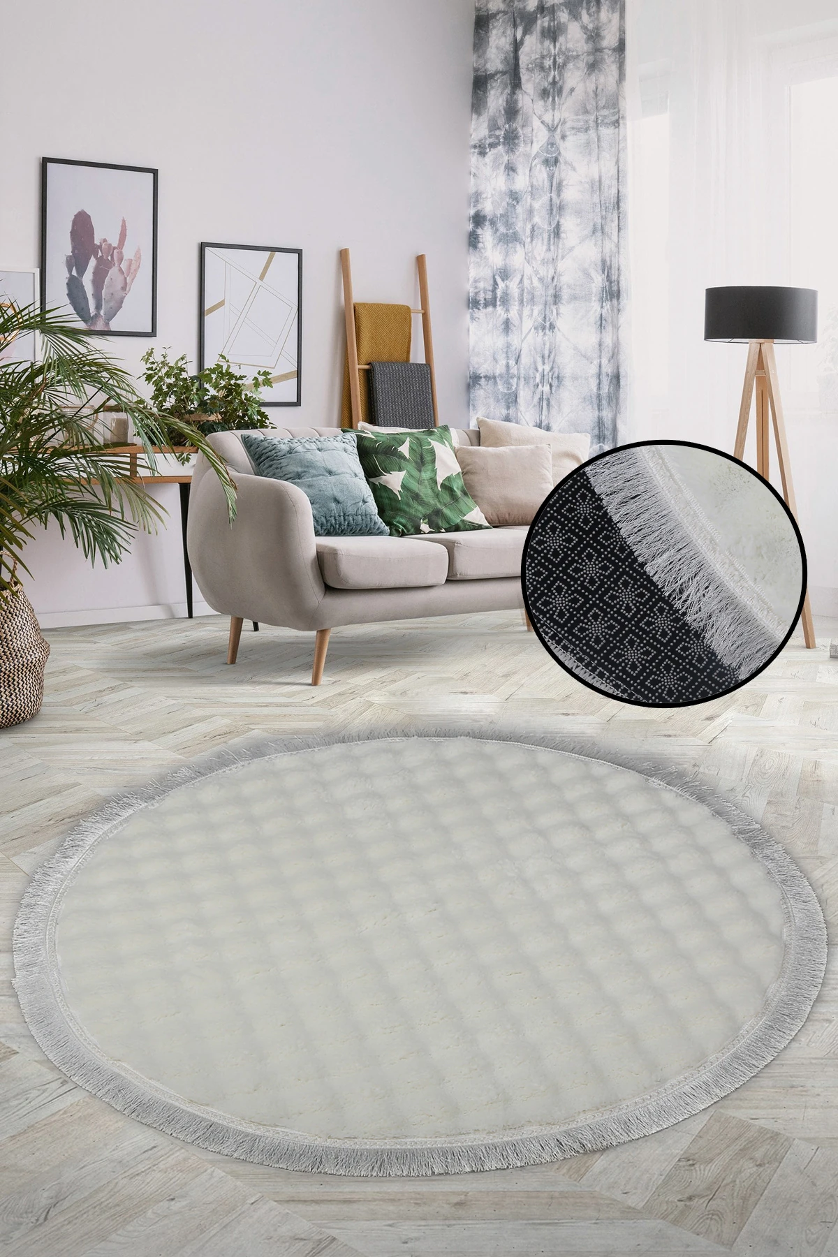 Bubble Yuvarlak Spor Saçaklı Salon Oda Çocuk Mutfak Koridor Antre Halısı Makinede Yıkanabilir Kaymaz Tabanlı Yumuşak Peluş Halı  Yolluk - Krem