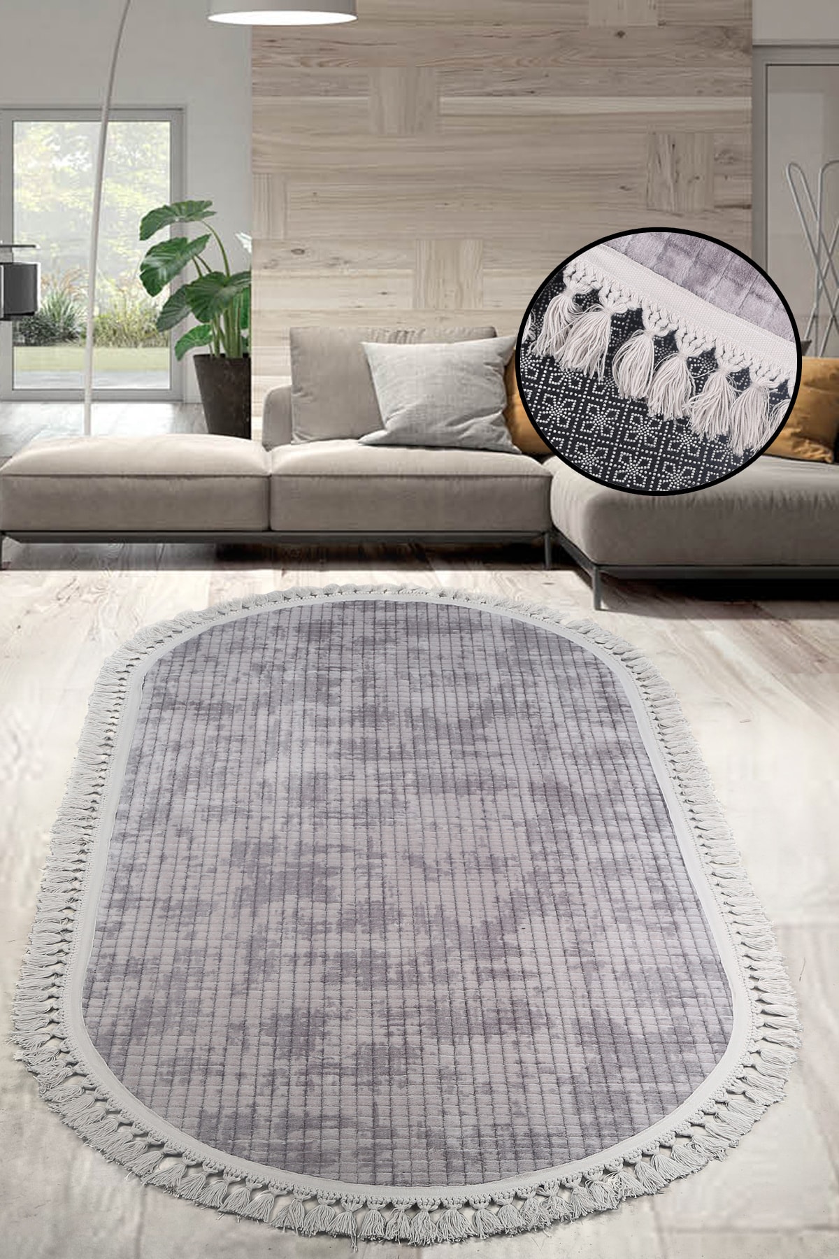 Kare Plus Oval Ponpon Saçaklı Salon Oda Çocuk Mutfak Antre Koridor Halısı Kaymaz Tabanlı Yıkanabilir Peluş Halı Yolluk - Gri