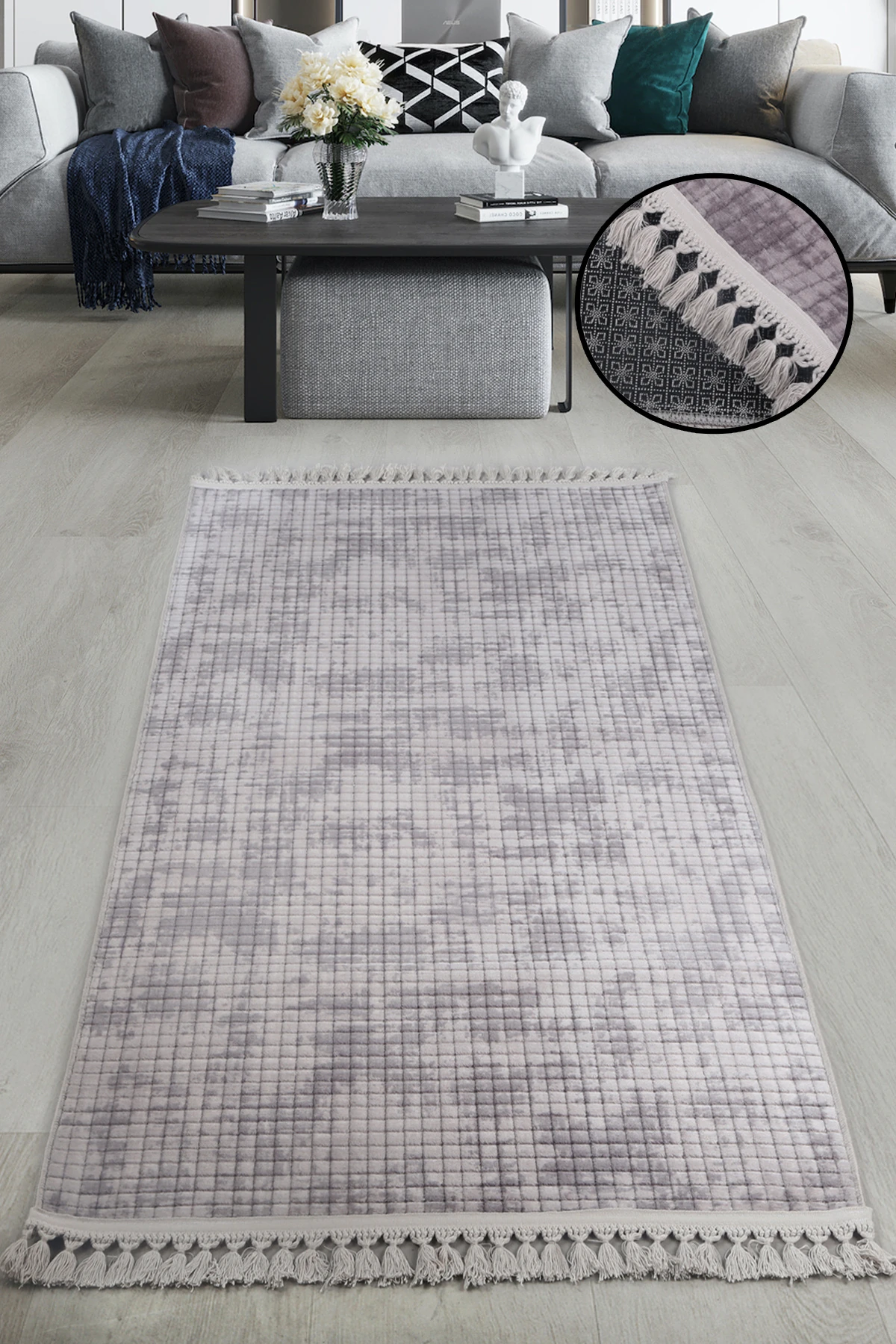 Kare Plus Ponpon Saçaklı Salon Oda Çocuk Mutfak Antre Koridor Halısı Kaymaz Tabanlı Yıkanabilir Kesme Peluş Halı Yolluk - Gri