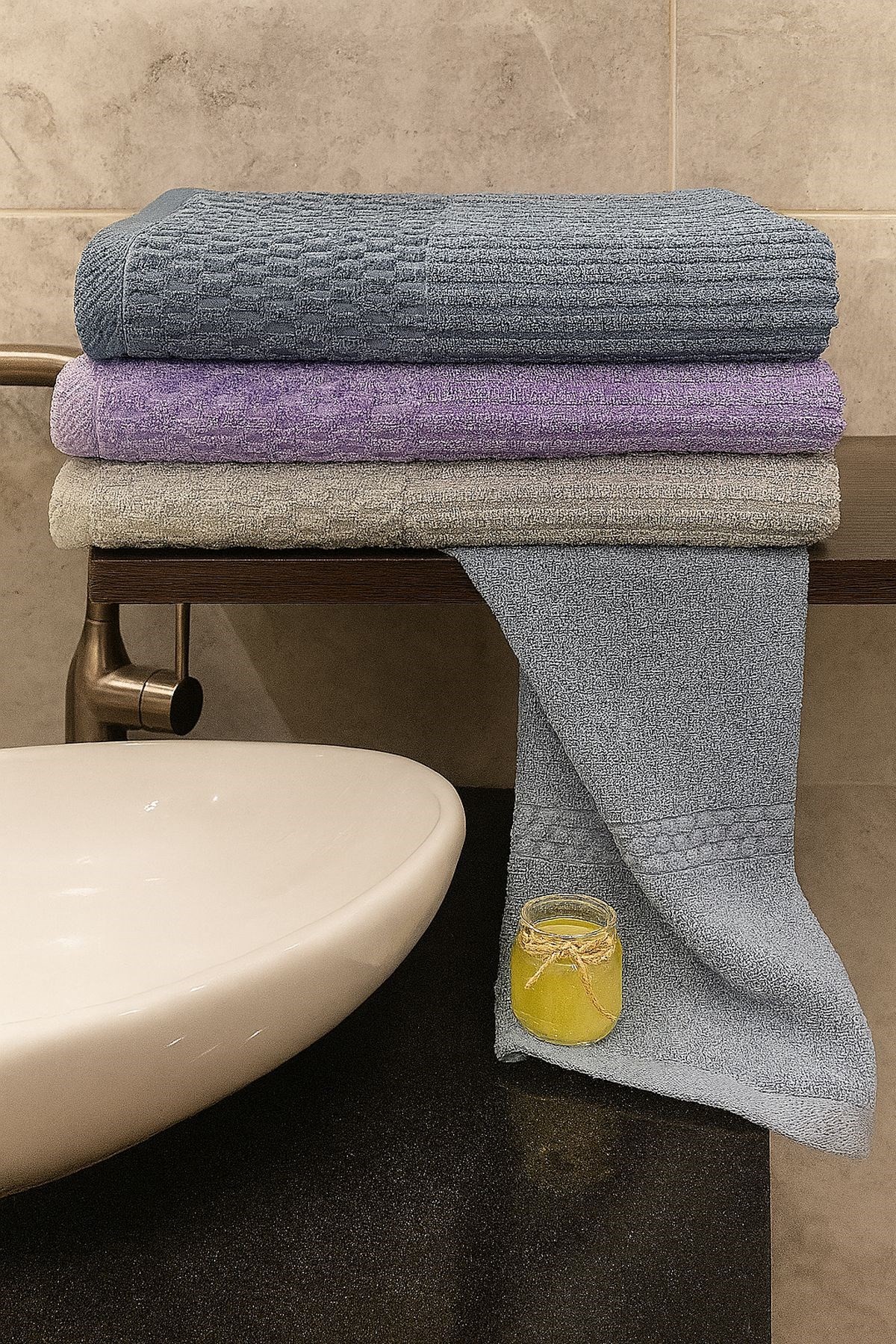 Grid 3’lü Banyo Havlu Seti – 100x150 cm %100 Pamuk, Yumuşak Dokulu, Örgü Desen.