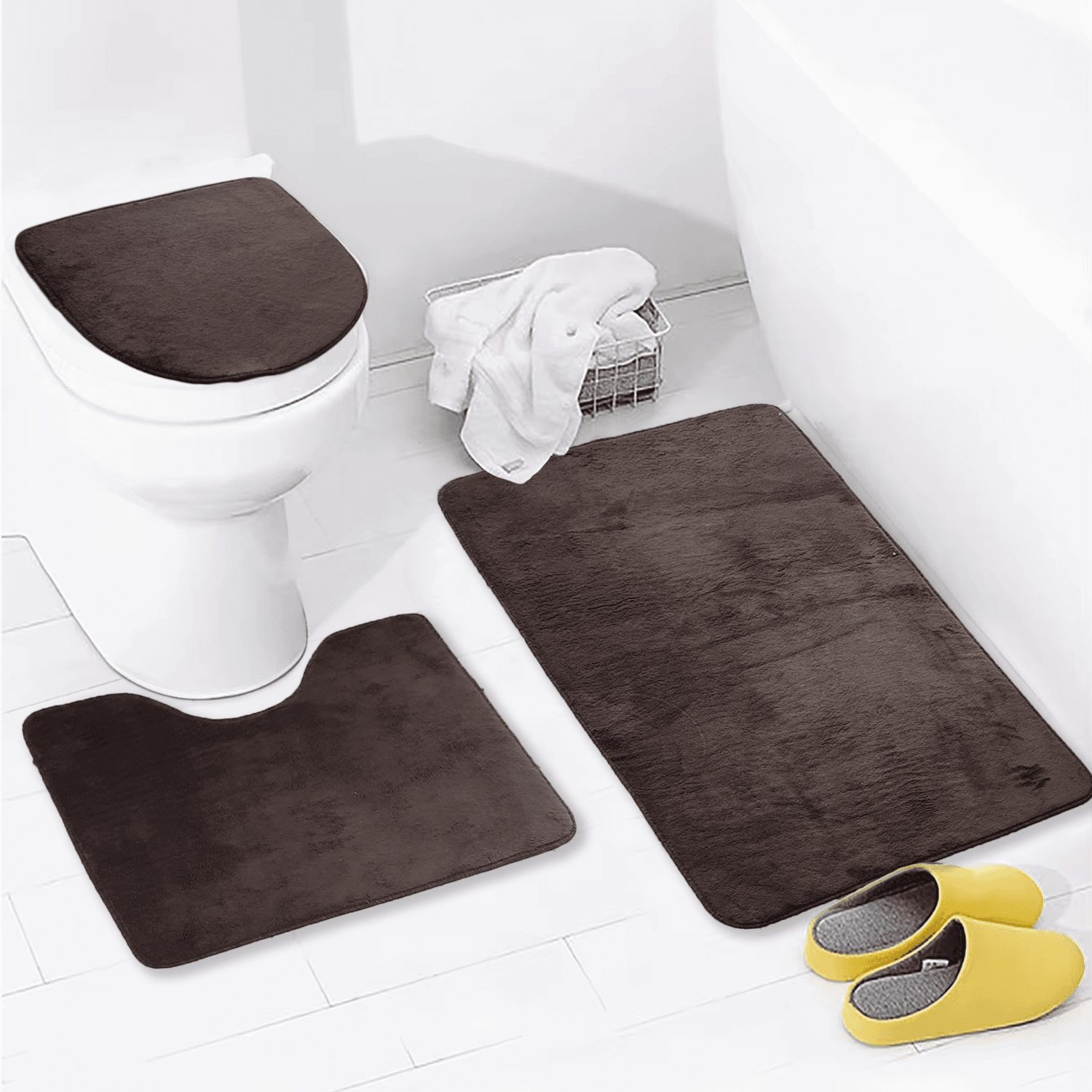 Bonny Home Unicolor Düz 3lü Banyo Paspası Halısı Seti Kaymaz Klozet Takımı - Kahve