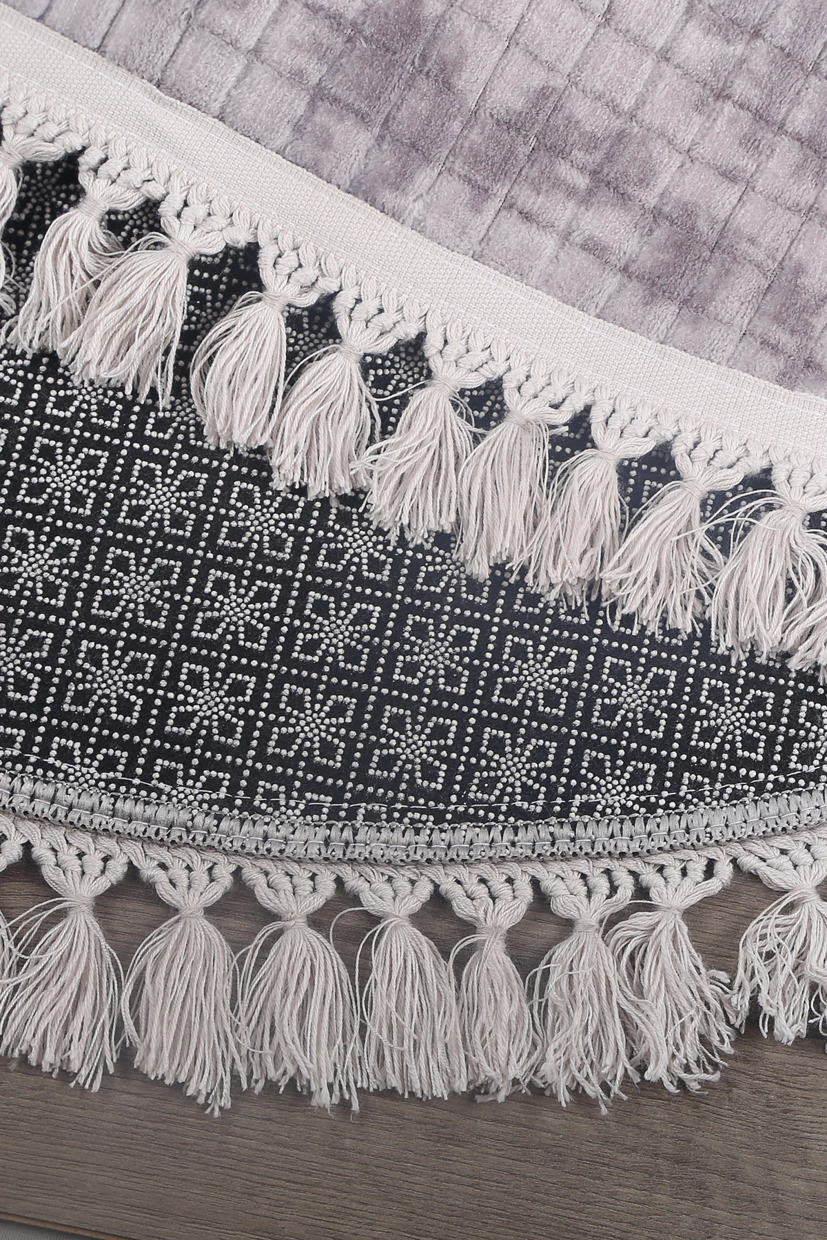 Kare Plus Oval Ponpon Saçaklı Salon Oda Çocuk Mutfak Antre Koridor Halısı Kaymaz Tabanlı Yıkanabilir Peluş Halı Yolluk - Gri