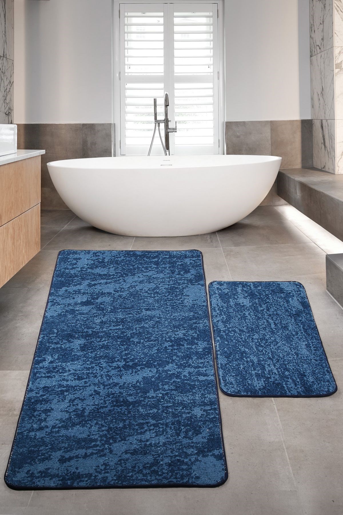 Nova (80x150 + 50x80 cm) Büyük Ebat 2'li Banyo Halısı Paspas Seti Kaymaz Taban Klozet Takımı - Lacivert