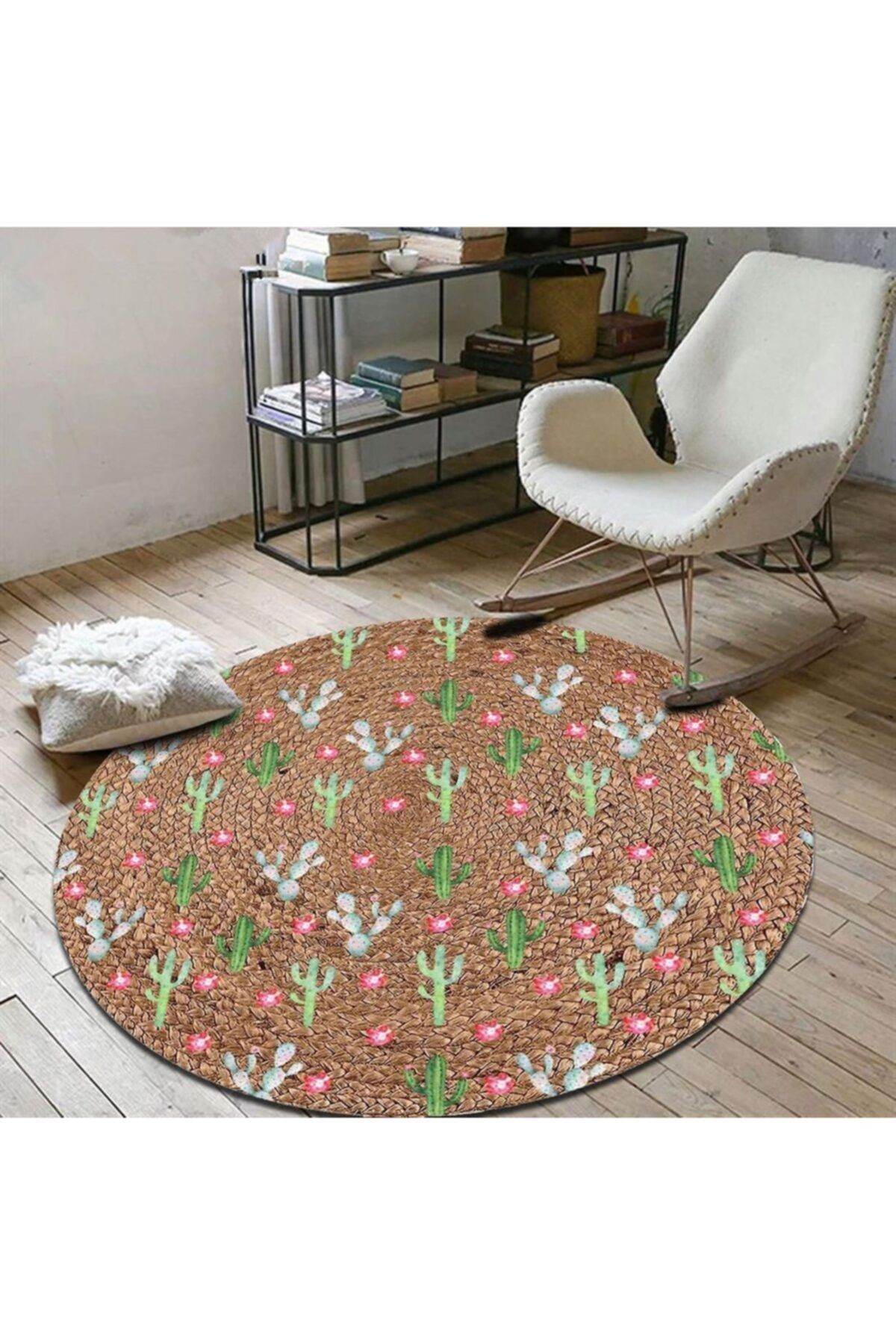 Küçük Kaktüs Desenli Yuvarlak Jüt Hasır Halı Salon Oda Çocuk Mutfak Antre Koridor Halısı Yolluk KS-1030