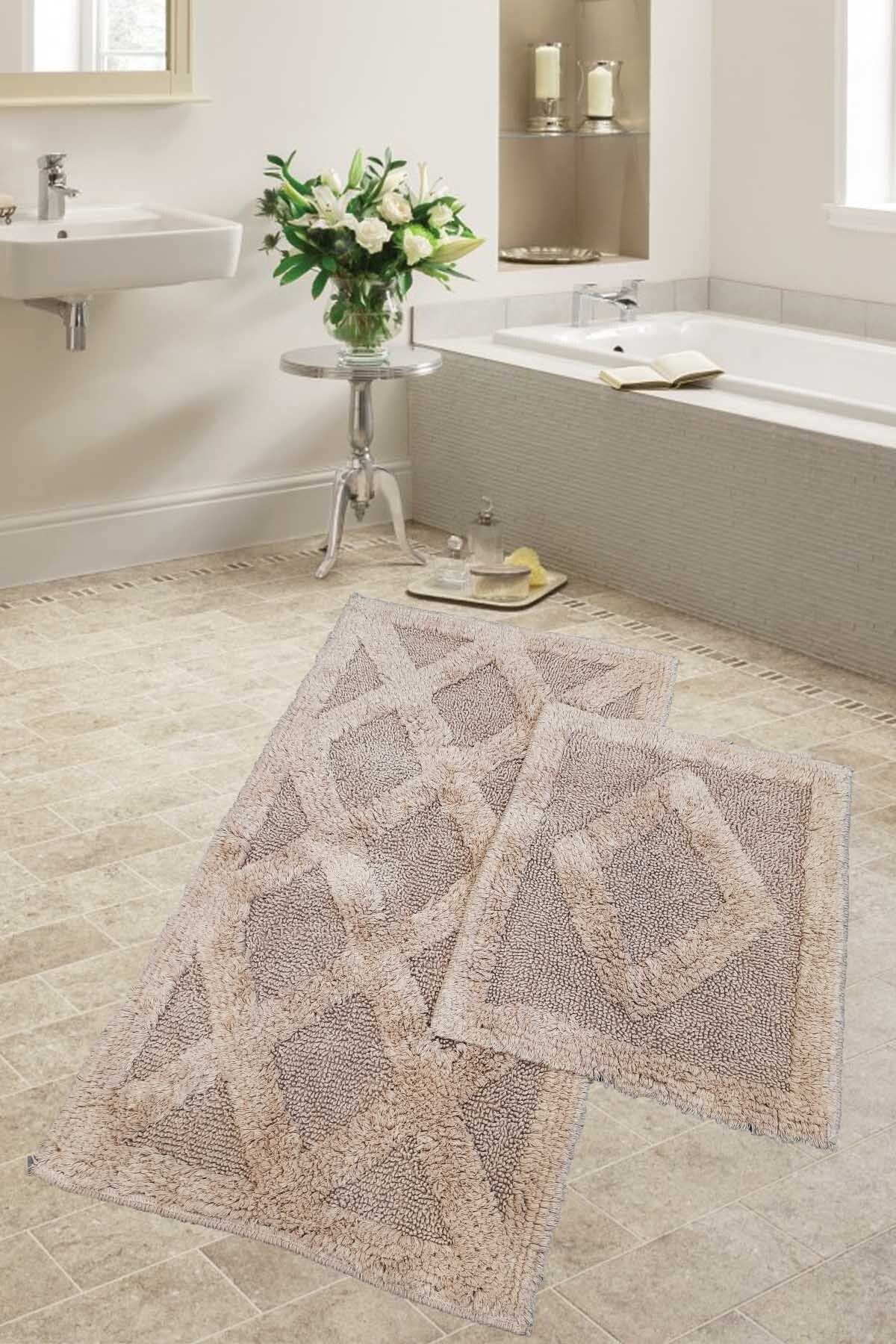 Karo Tufting Naturel Pamuk 2'li Banyo Paspası Seti Makinede Yıkanabilir Klozet Takımı - Bej