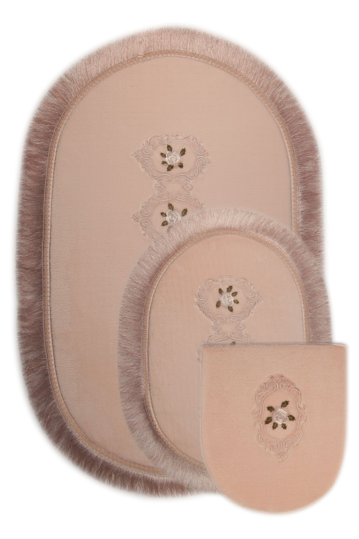 Bonny Home Shems 3lü Dantelli ve Saçaklı Klozet Takımı Banyo Halısı Paspası Seti - Pudra