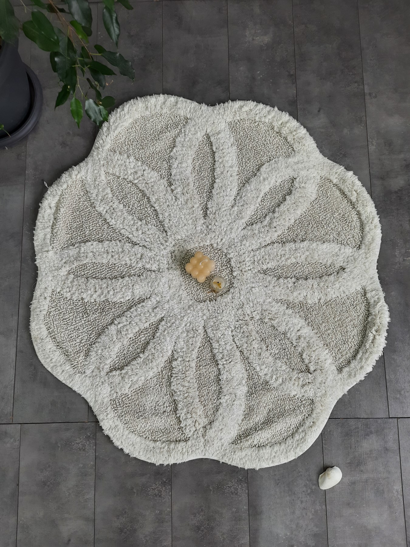 Papatya Tufting Pamuk Banyo Paspası 100x100 cm Tek Parça Pamuk Dokuma Paspas - Krem