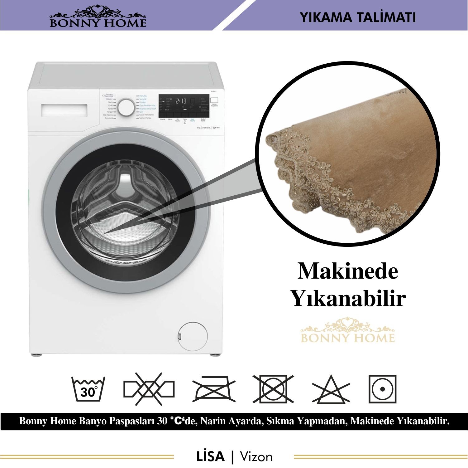 Bonny Home Lisa 3lü Dantelli Klozet Takımı Çeyizlik Banyo Halısı Paspası Seti - Vizon