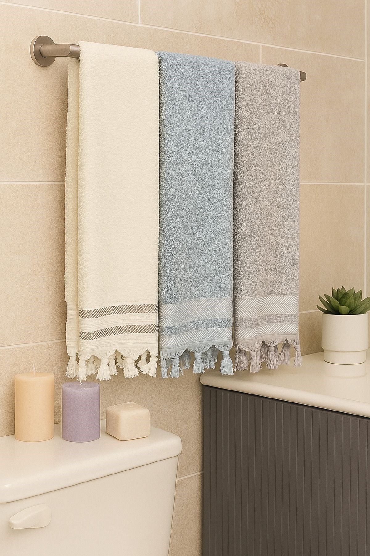 Lora 3’lü Banyo Havlusu Seti – 3 Adet 100x150 cm, %100 Pamuk, Yumuşak Dokulu, Saçaklı Havlu