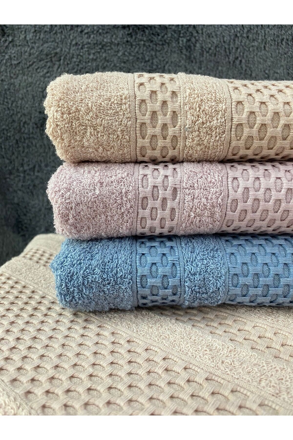 Waffle 3’lü El ve Yüz Havlu Seti – 50x90 cm %100 Pamuk, Yumuşak Dokulu, Örgü Desen.