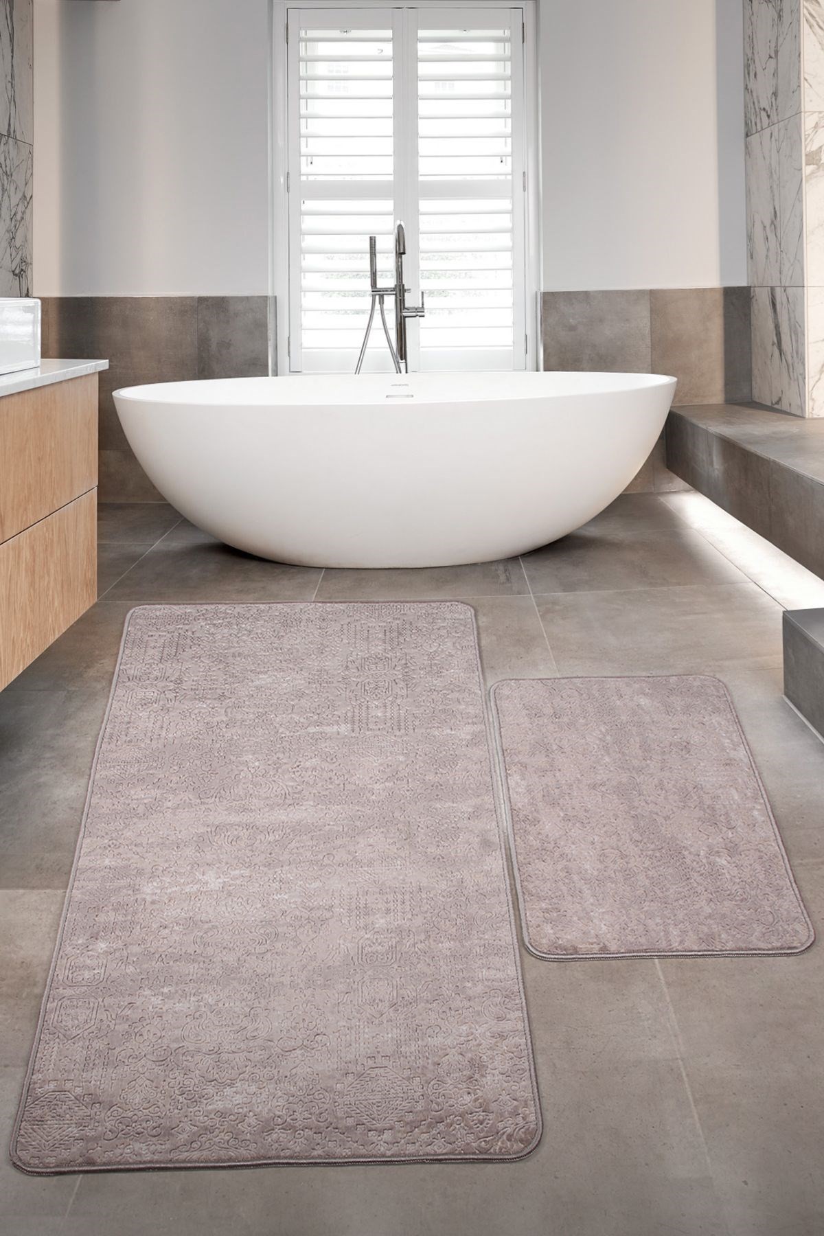 Nova (80x150 + 50x80 cm) Büyük Ebat 2'li Banyo Halısı Paspas Seti Kaymaz Taban Klozet Takımı - Kahve