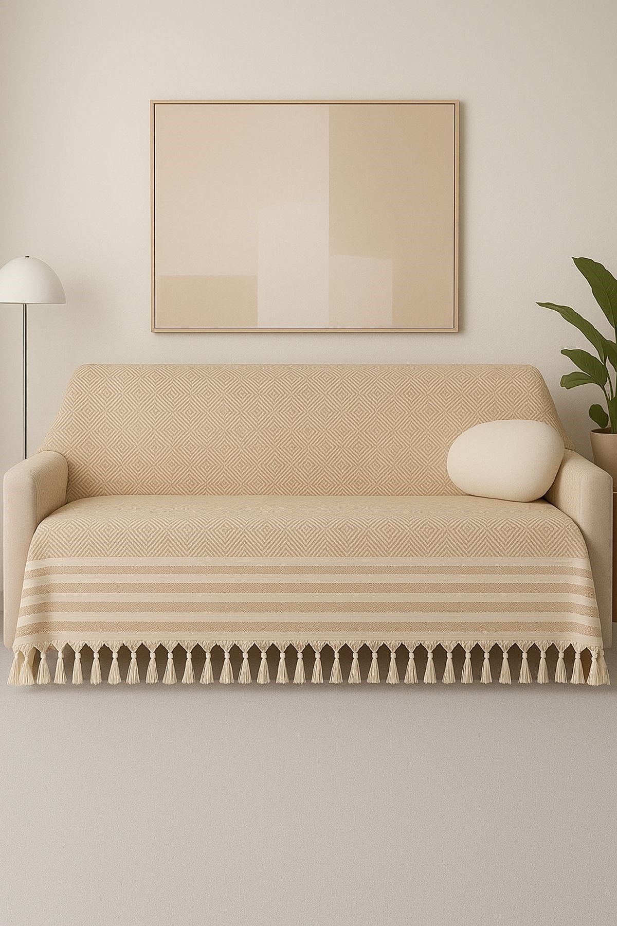 Alora – Pamuklu Püsküllü Örtü, Geometrik Desenli Koltuk ve Yatak Şalı 220x180 cm