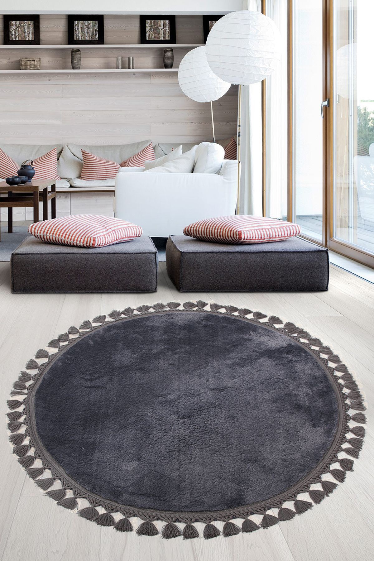 Relax Yuvarlak Ponpon Saçaklı Salon Oda Çocuk Mutfak Koridor Halısı Kaymaz Tabanlı Yumuşak Peluş Yolluk - Antrasit