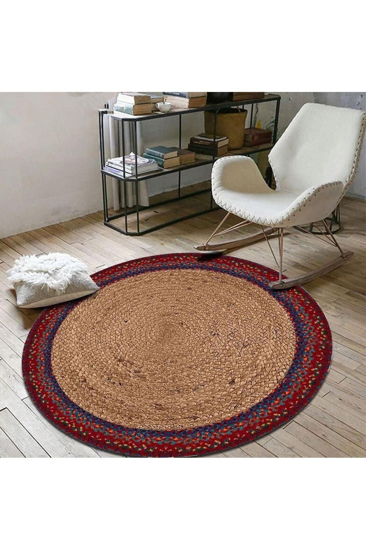 Mürdüm Bej Yuvarlak Jüt Hasır Halı Salon Oda Çocuk Mutfak Antre Koridor Halısı Yolluk KS-1035