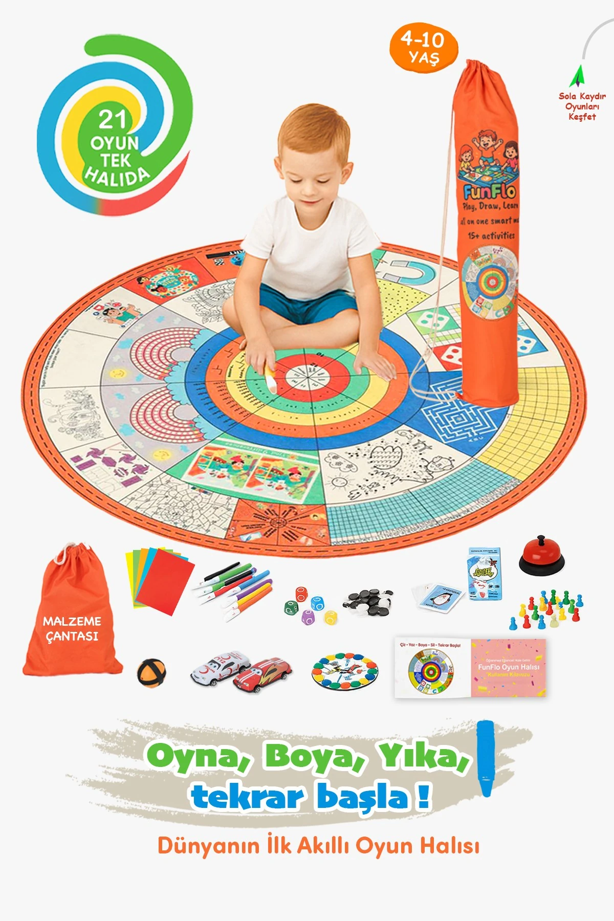 21 Oyunlu Eğitici Oyun Halısı - Boyanabilir, 10 Parçalı Çocuk Etkinlik Aktivite Matı