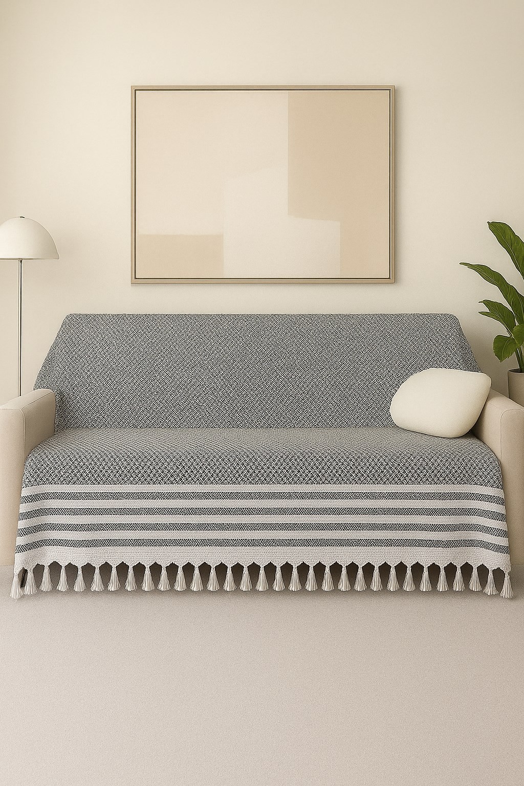Mira – Pamuklu Püsküllü Örtü, Geometrik Desenli Koltuk ve Yatak Şalı 220x180 cm