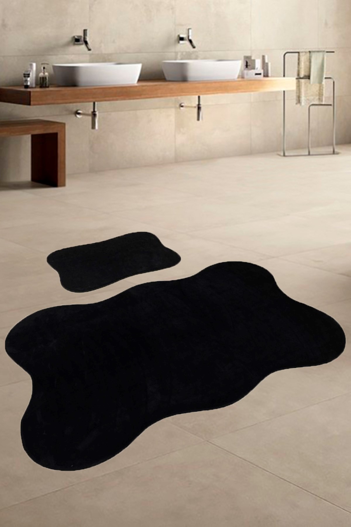 Anatolia 2'li Siyah 80x140 + 50x70 cm Büyük Ebat Banyo Paspası Seti Kaymaz Tabanlı Klozet Takımı