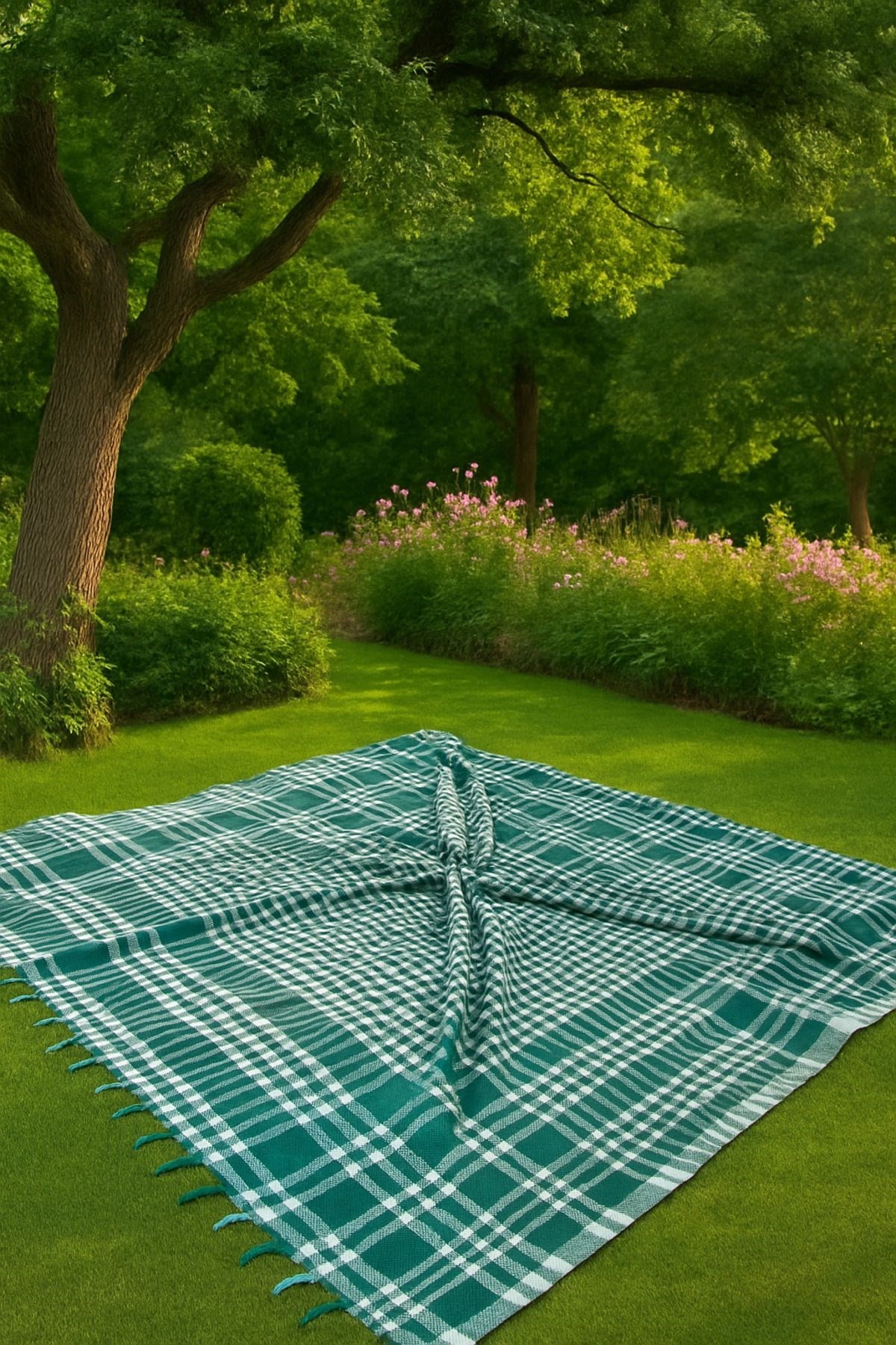 Saçaklı Piti Kareli Masa Örtüsü 150x150 cm – Sofra & Piknik İçin Çok Amaçlı Örtü