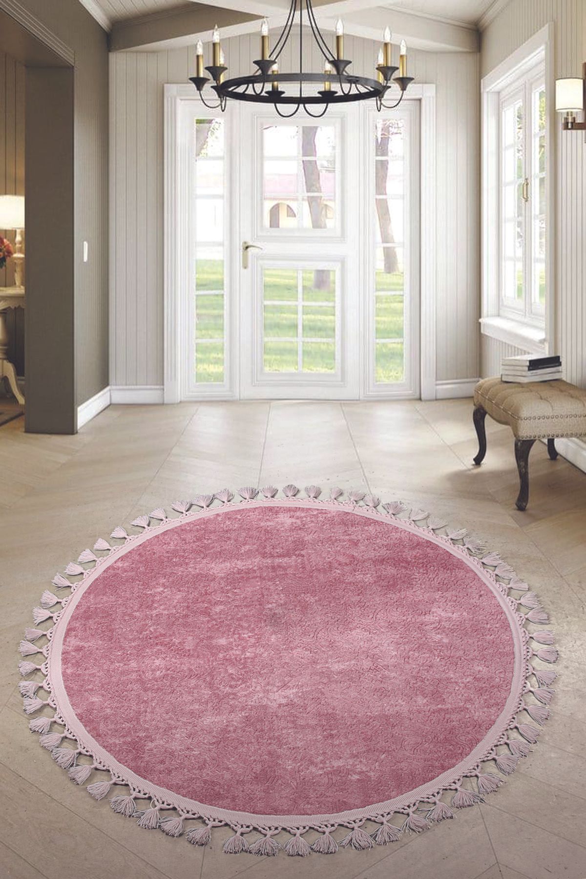 Nova Yuvarlak Ponpon Saçaklı Salon Oda Çocuk Mutfak Koridor Halısı Kaymaz Tabanlı Yumuşak Peluş Yolluk - Pembe