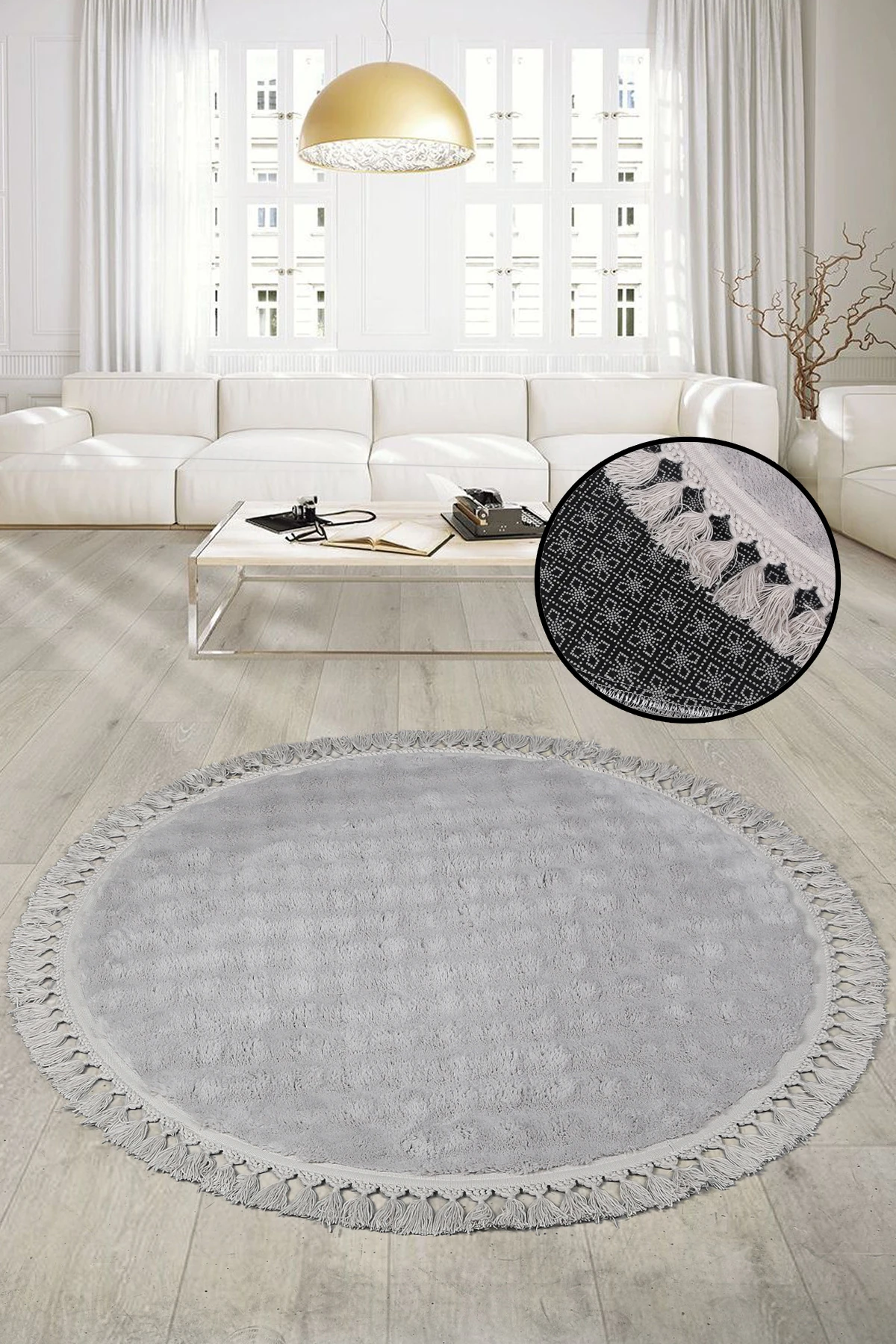 Bubble Yuvarlak Ponpon Saçaklı Salon Oda Çocuk Mutfak Koridor Antre Halısı Yıkanabilir Kaymaz Tabanlı Peluş Halı Yolluk - Gri