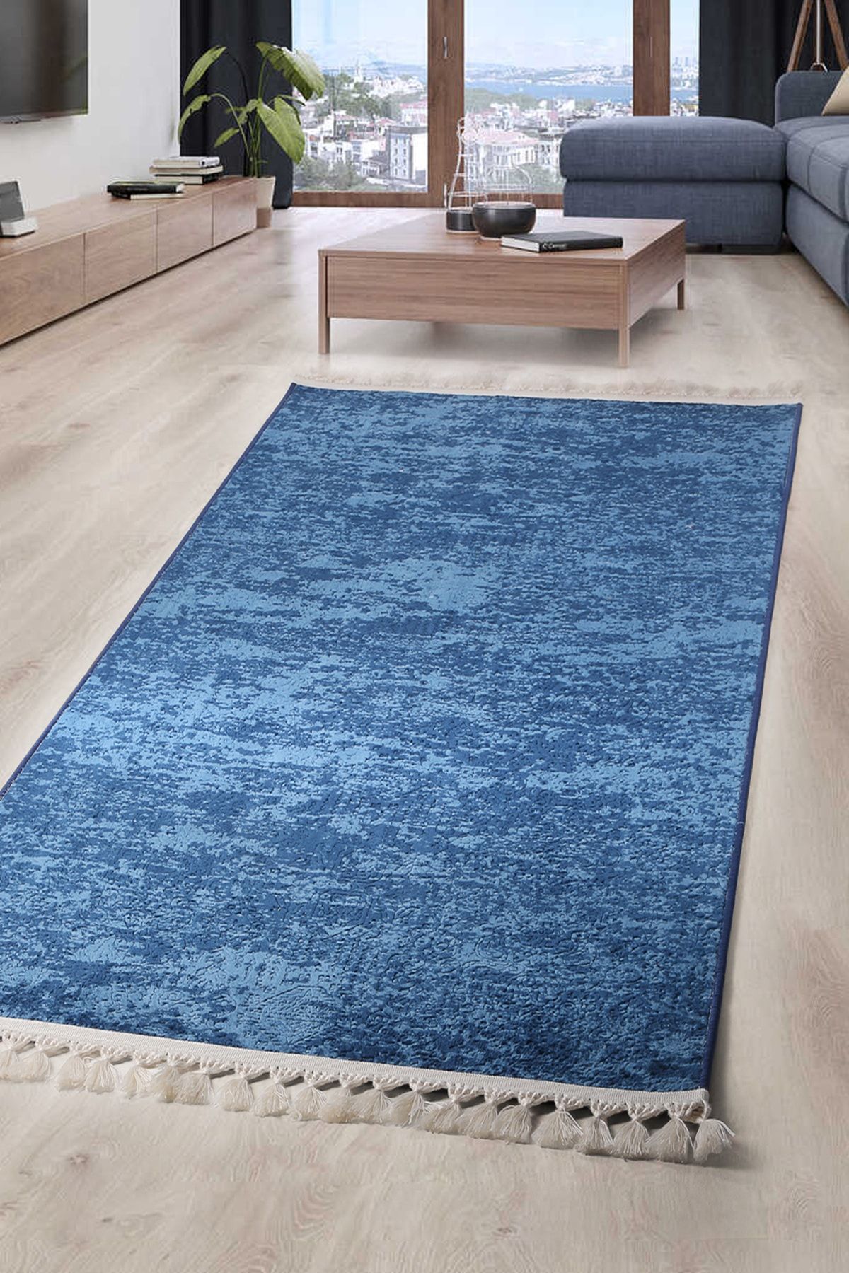 Nova Ponpon Saçaklı Kaymaz Tabanlı Salon Oda Çocuk Mutfak Koridor Halısı Makinede Yıkanabilir Püsküllü Yumuşak Kesme Yolluk - Lacivert