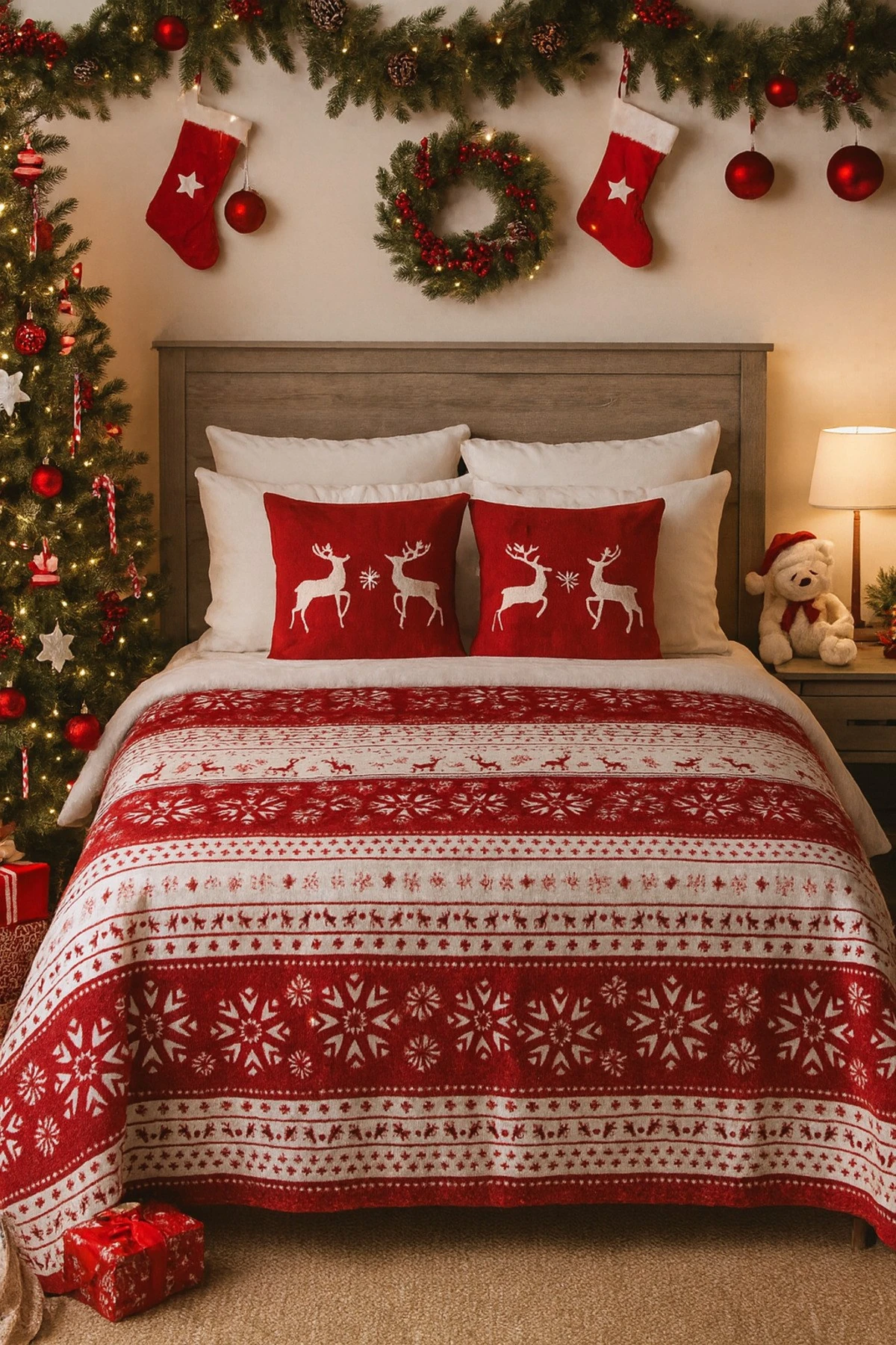 Berfu Kadife Bordo-Kırmızı Yılbaşı Desenli Tv Battaniyesi Çift Kişilik Polar Battaniye Koltuk Şalı