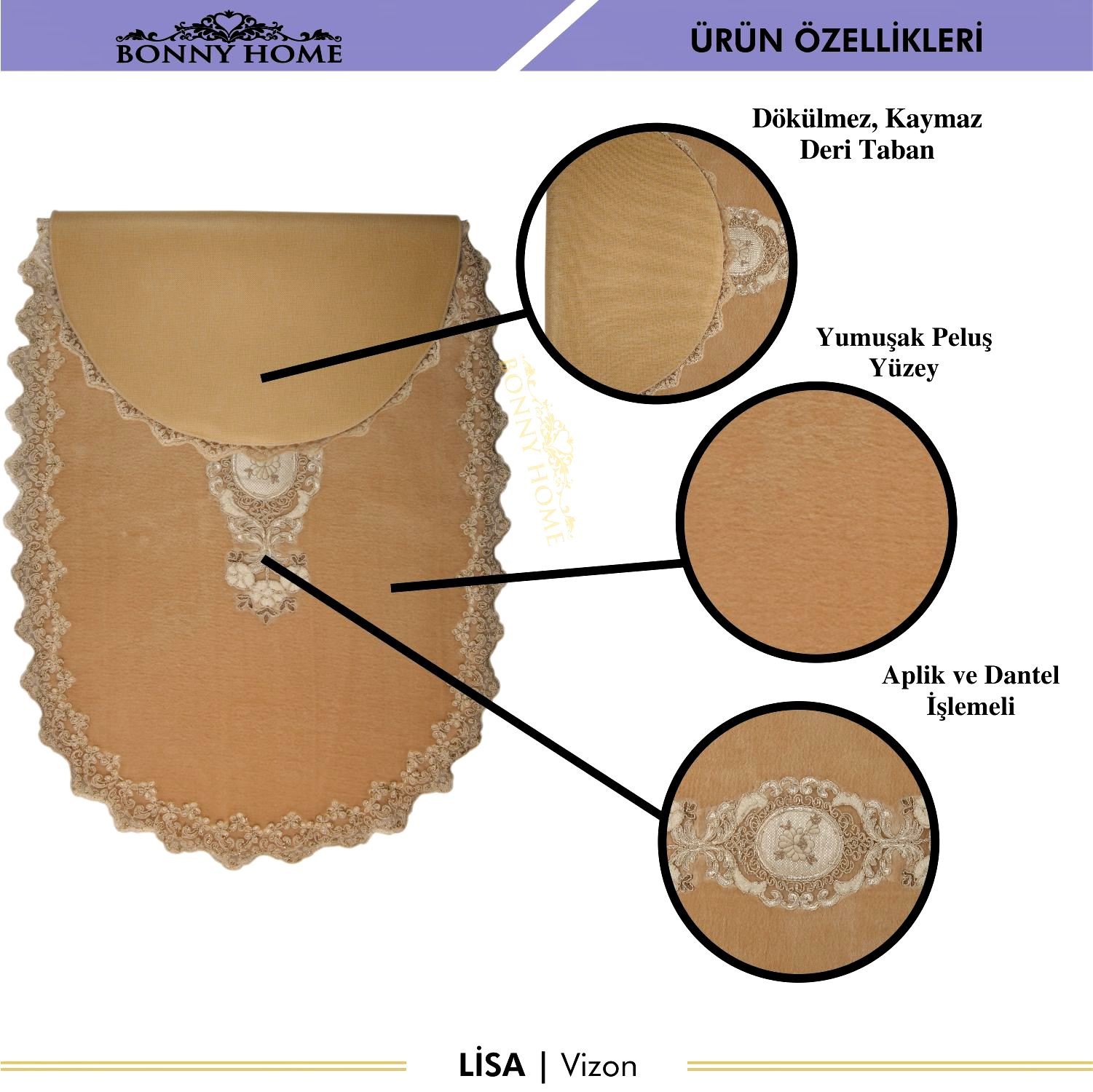 Bonny Home Lisa 3lü Dantelli Klozet Takımı Çeyizlik Banyo Halısı Paspası Seti - Vizon