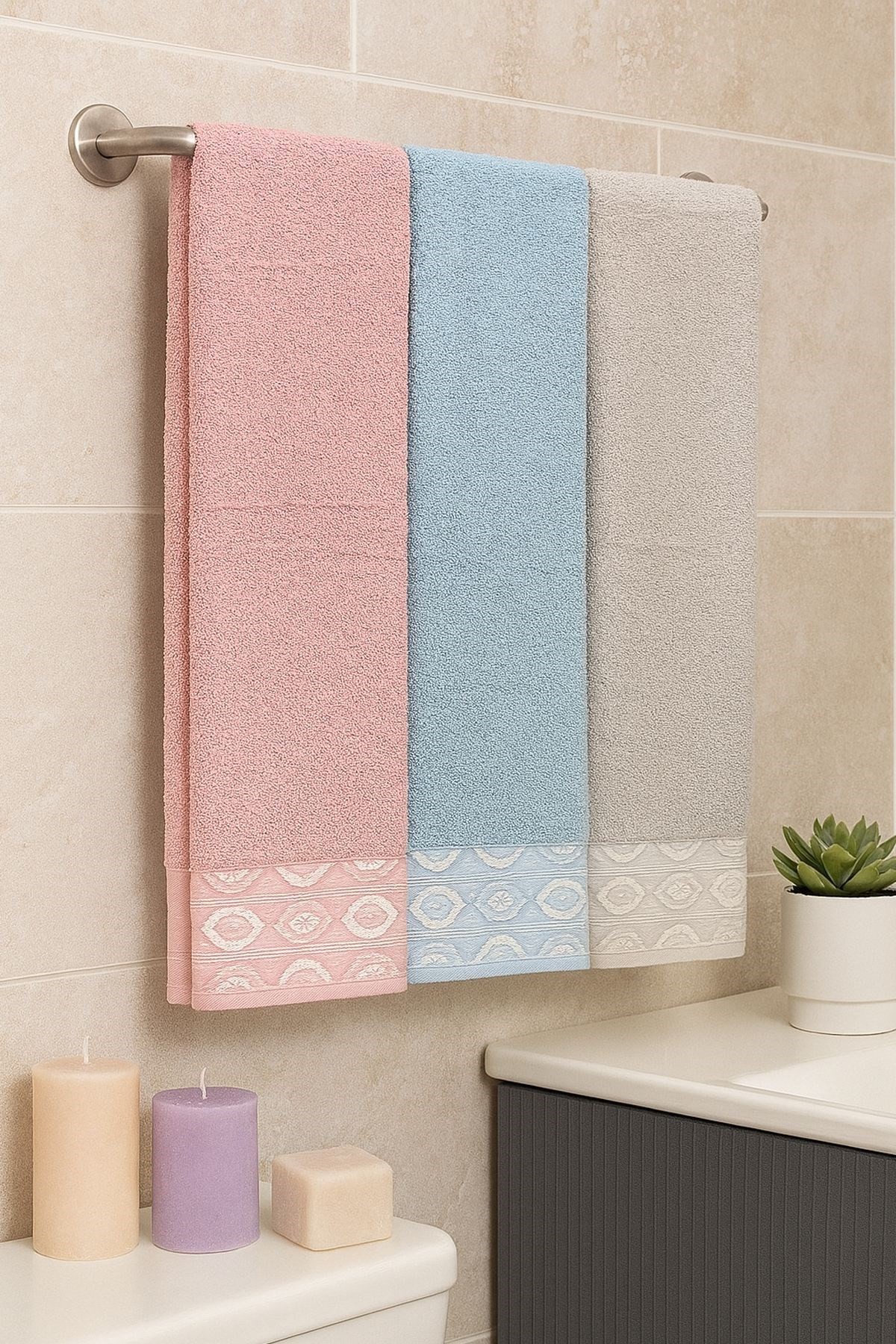 Göz desen 3’lü Banyo Havlu Seti – 100x150 cm %100 Pamuk, Yumuşak Dokulu,pudra-mavi-gri