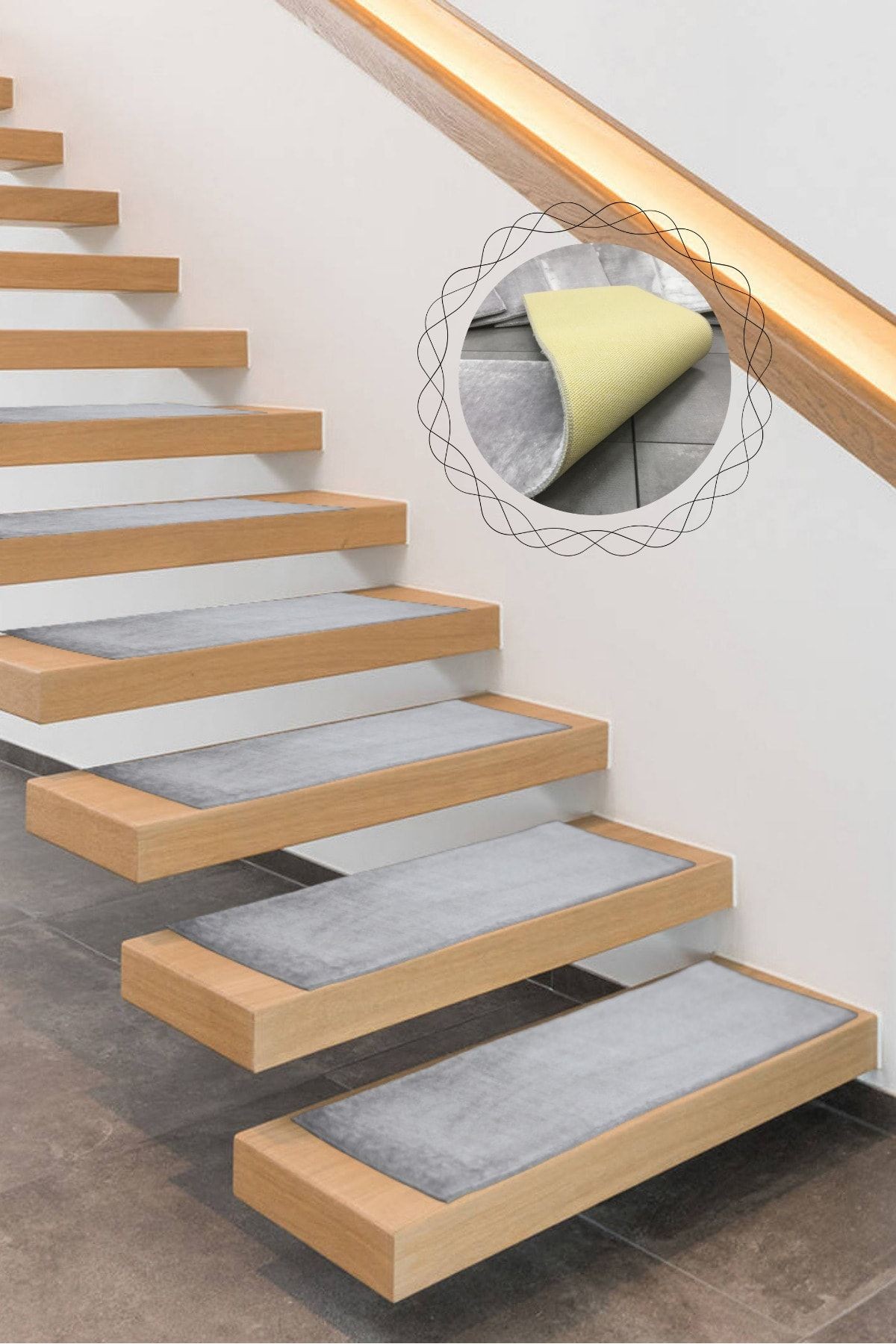 Comfort Pufidik Peluş Merdiven Halısı Kaymaz Tabanlı (1 Adet) Basamak Paspası - Gri
