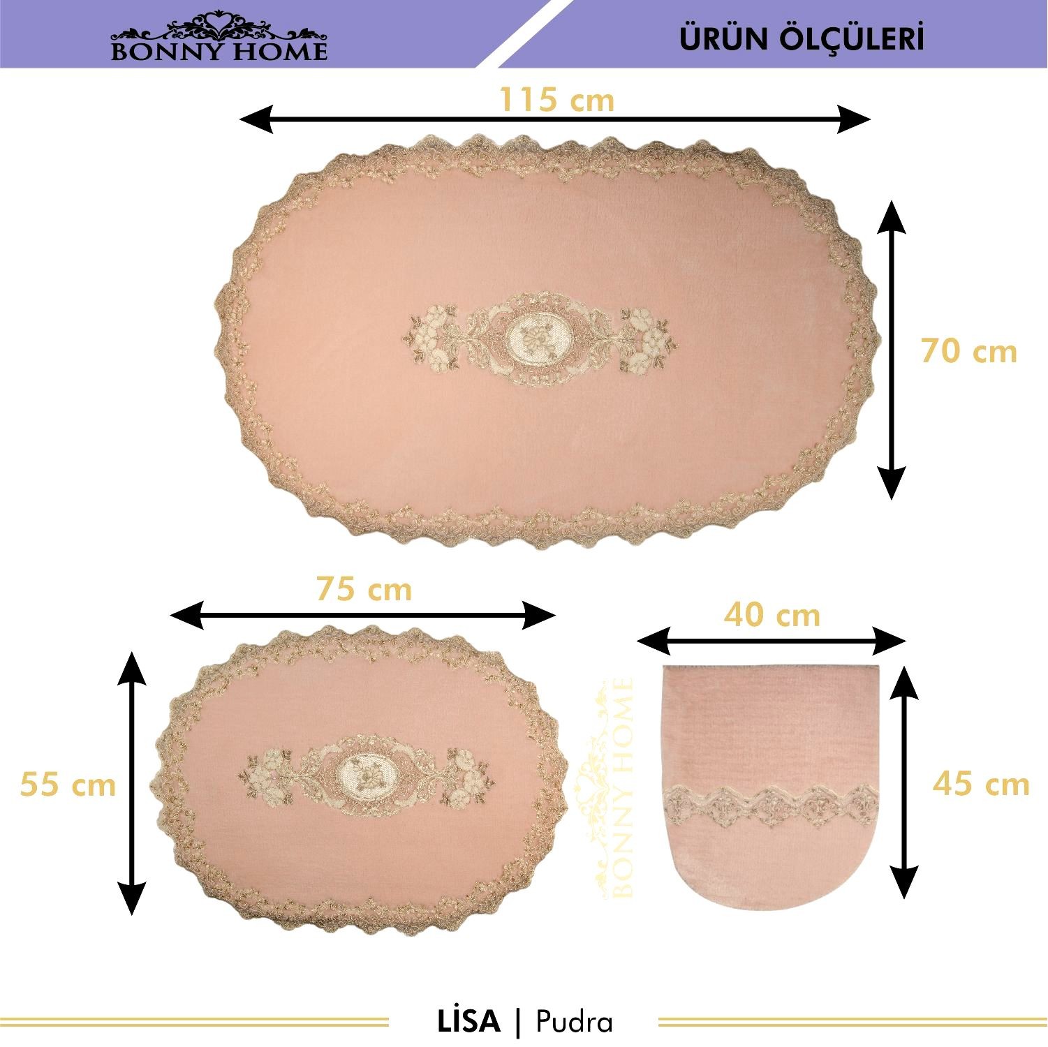 Bonny Home Lisa 3lü Dantelli Klozet Takımı Çeyizlik Banyo Halısı Paspası Seti - Pudra
