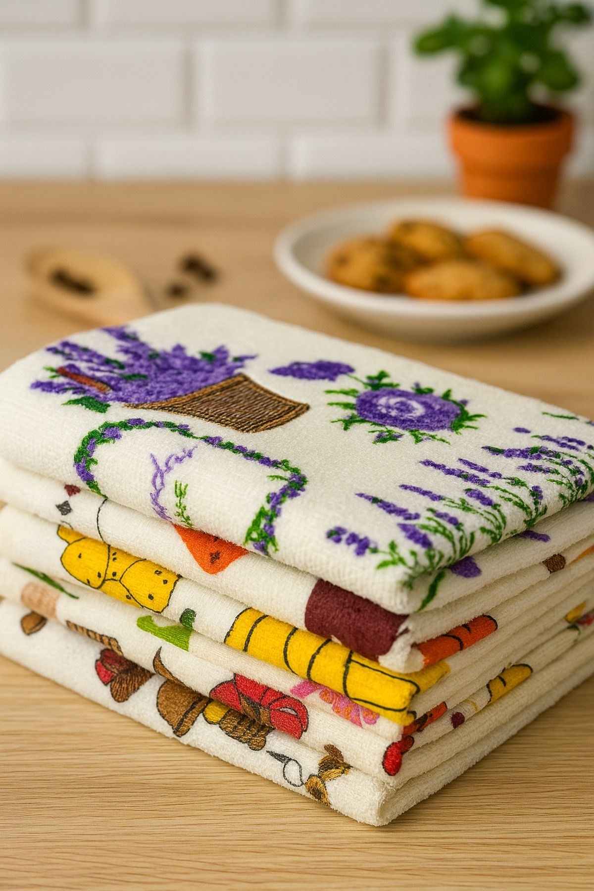 Krem Renkli 6’lı Mutfak Havlusu – 30x50 cm | Meyve & Kahve Temalı Desenli Kurulama Bezleri