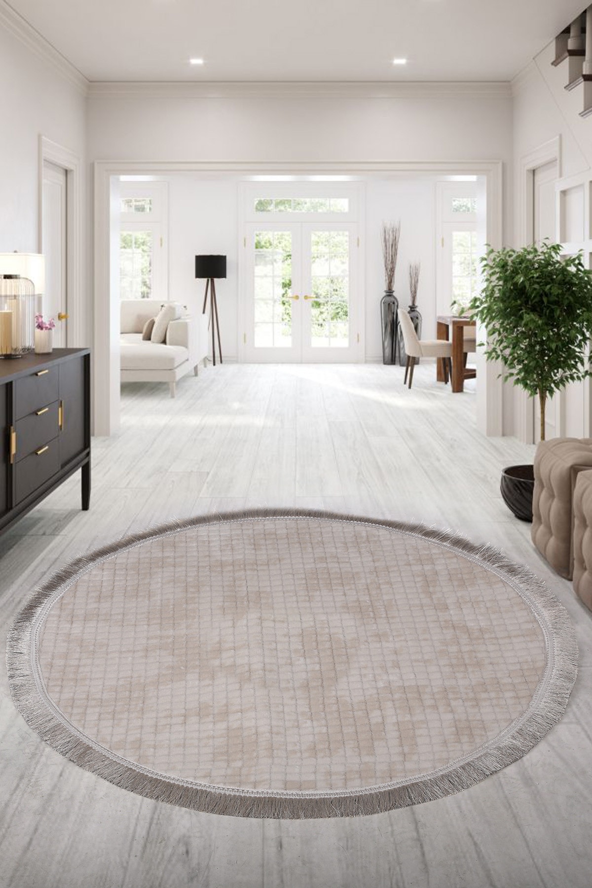 Kare Plus Yuvarlak Spor Saçaklı Salon Oda Çocuk Mutfak Antre Koridor Halısı Kaymaz Yıkanabilir Peluş Halı Yolluk - Krem
